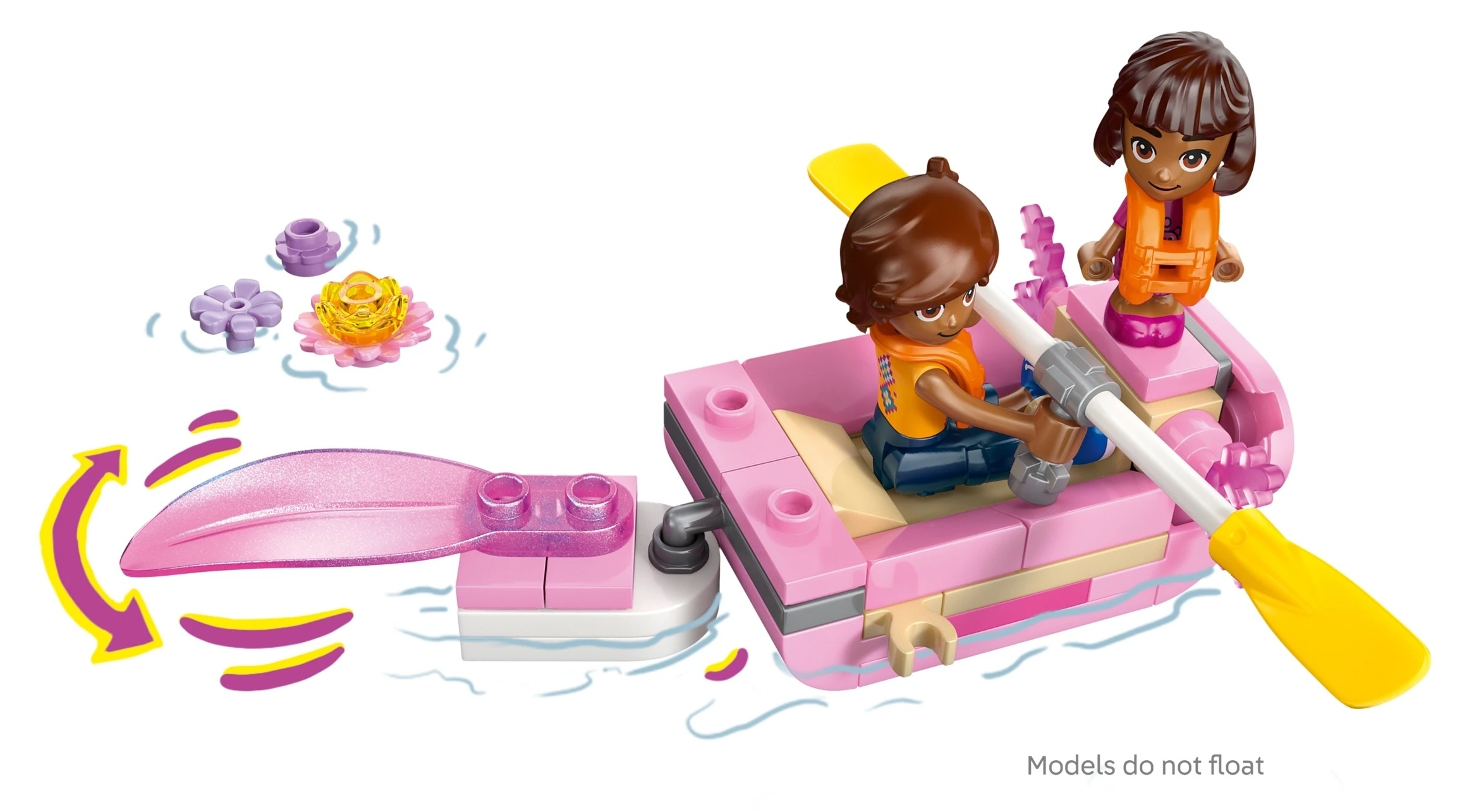 Dwie postacie w różowej łodzi z wiosłem. Kwiaty na wodzie.