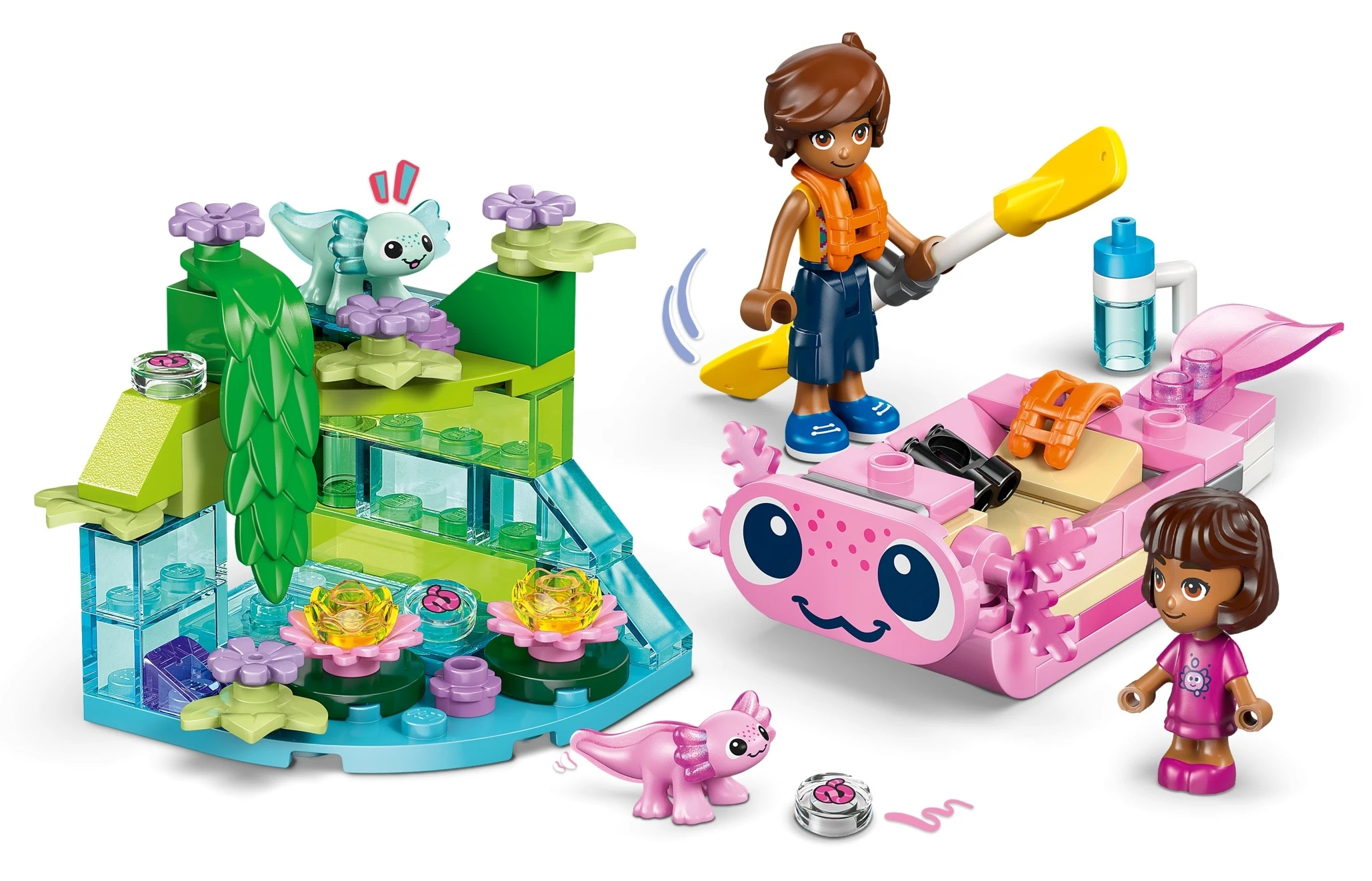 Figurki i zabawki Lego: Dziewczynka z wiosłem, łódka axolotl i wodny krajobraz.