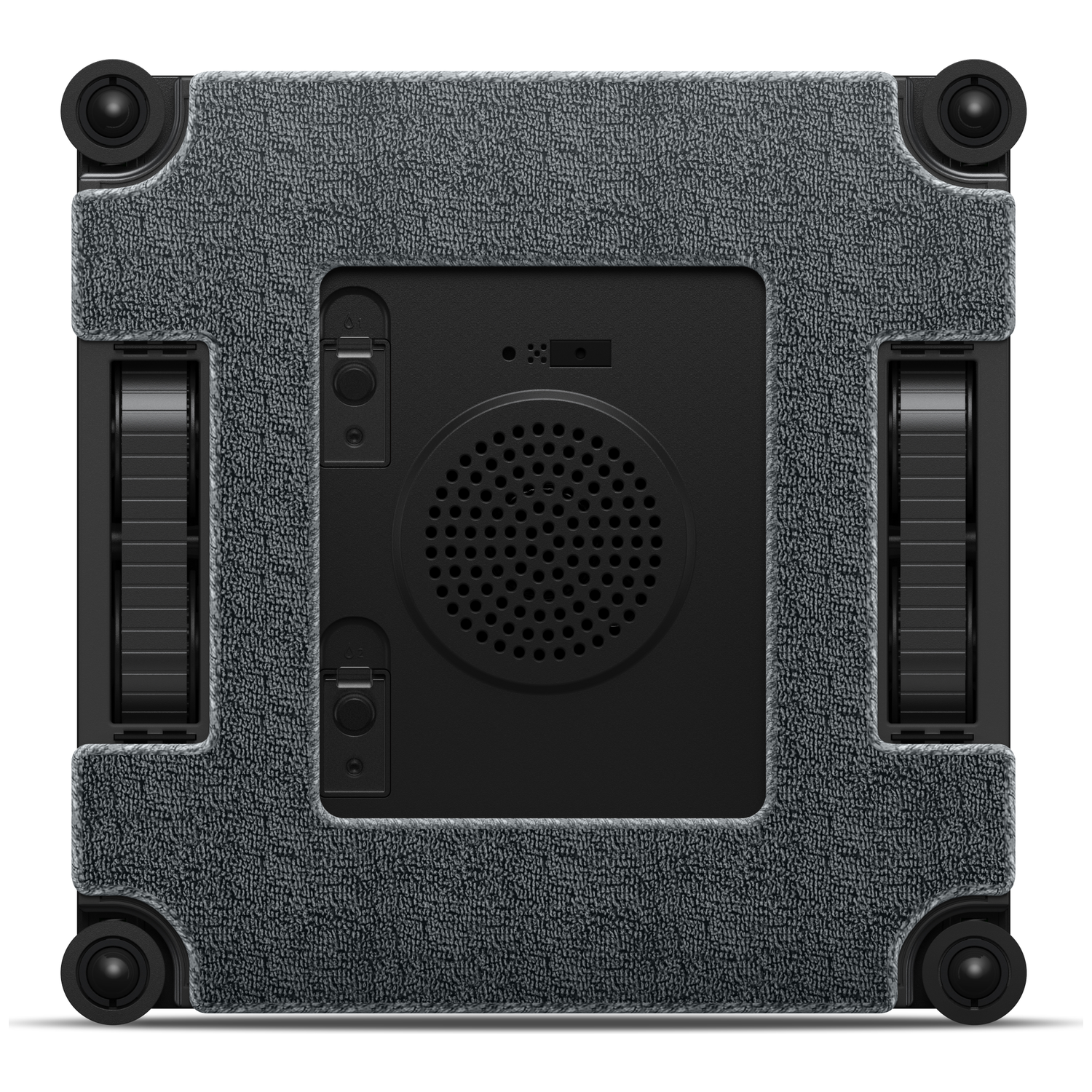 A gray window cleaning robot with black wheels and a speaker grille.
