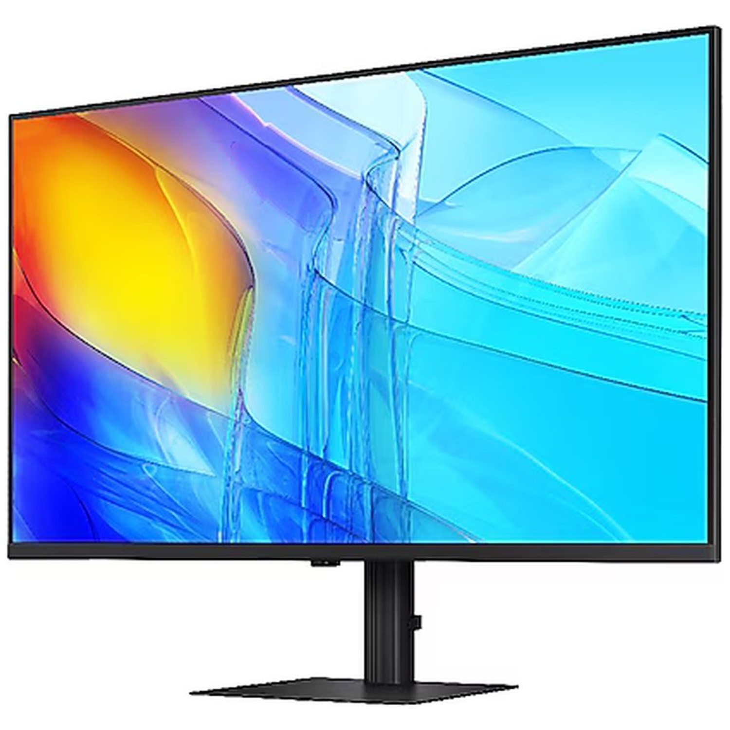 Een moderne monitor met abstracte, kleurrijke achtergrond. Zwarte standaard.