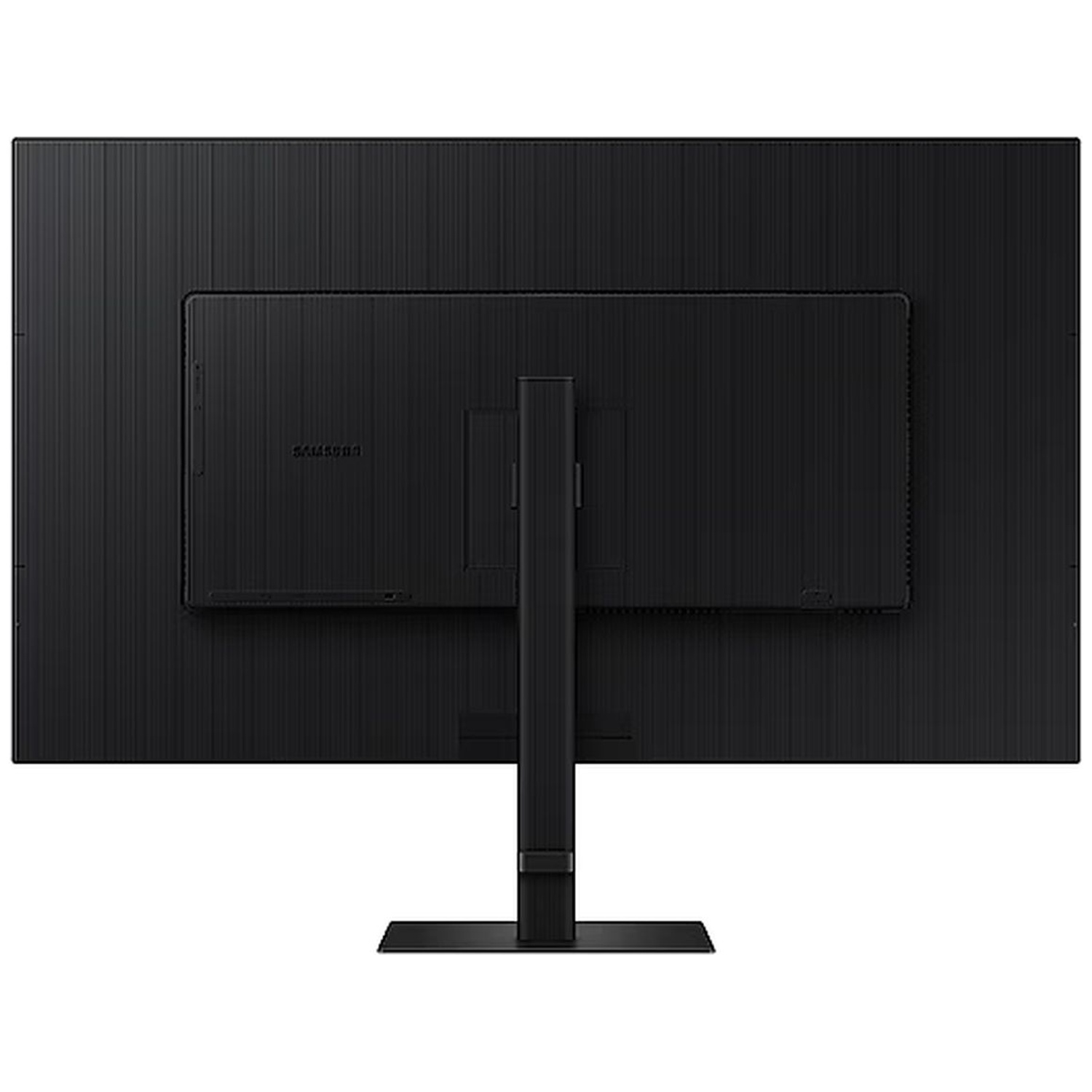 Achterkant van een zwarte monitor met Samsung-logo en standaard.