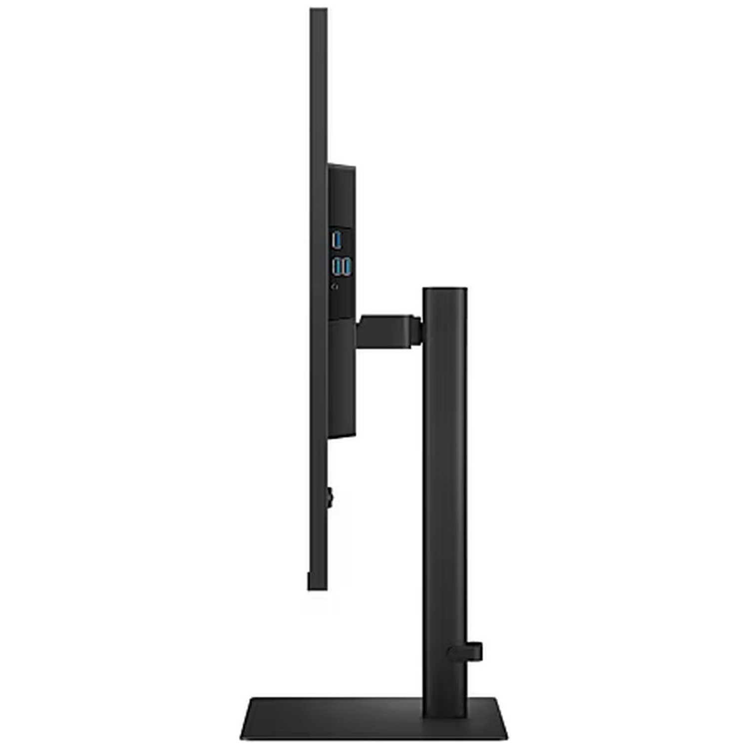 Zwarte computermonitor in profiel op een standaard, witte achtergrond.