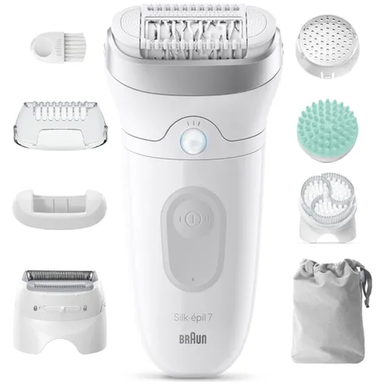 Een witte epilator met diverse opzetstukken en een tasje.