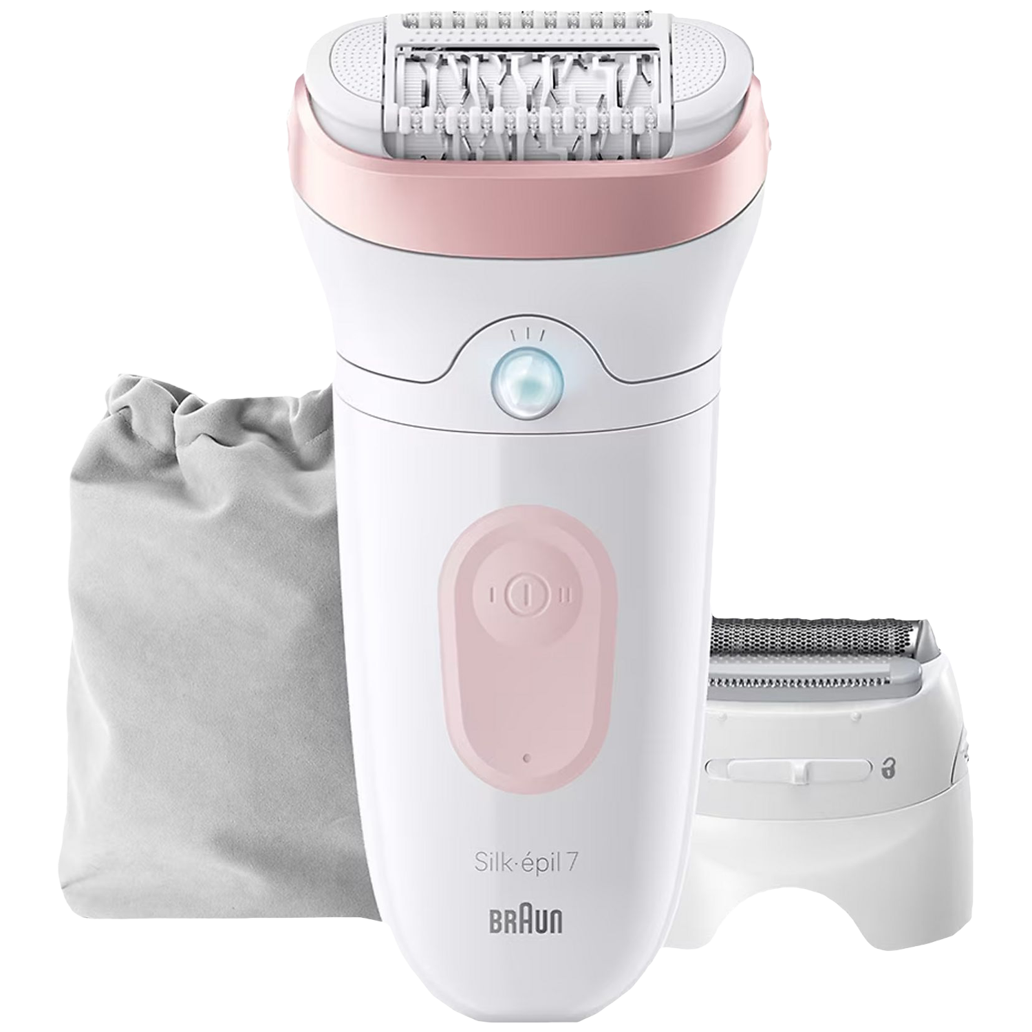 Een witte epilator met roze accenten, accessoires en zakje.