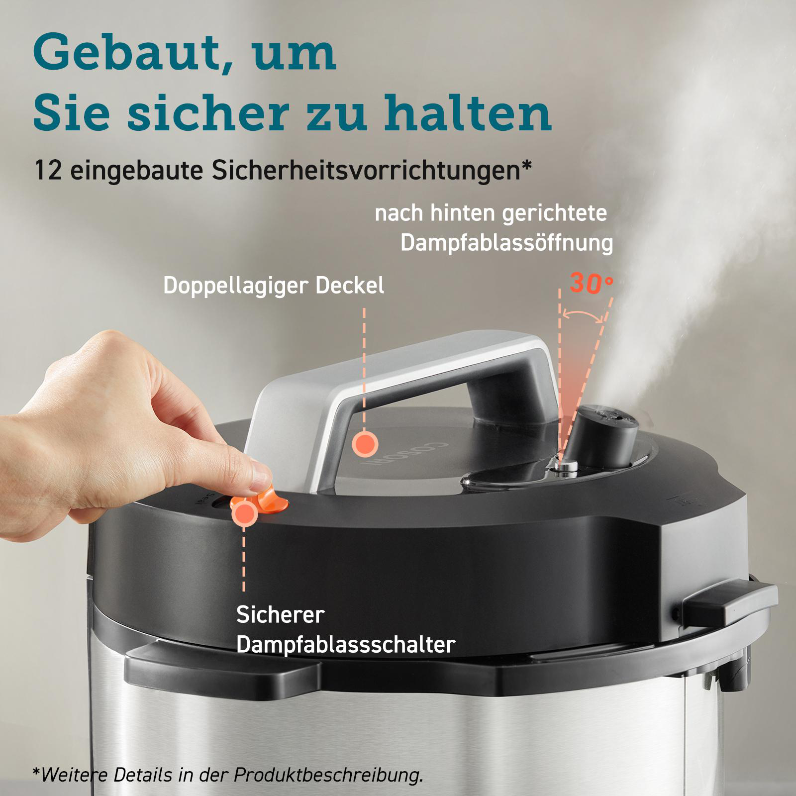 Ein Schnellkochtopf mit Sicherheitsmerkmalen, Dampfaustritt bei 30 Grad.
