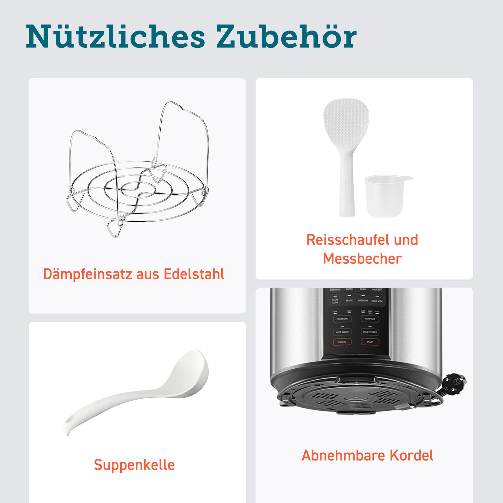 Edelstahl-Dampfeinsatz, Reisschaufel, Messbecher, Suppenkelle & abnehmbare Kordel.
