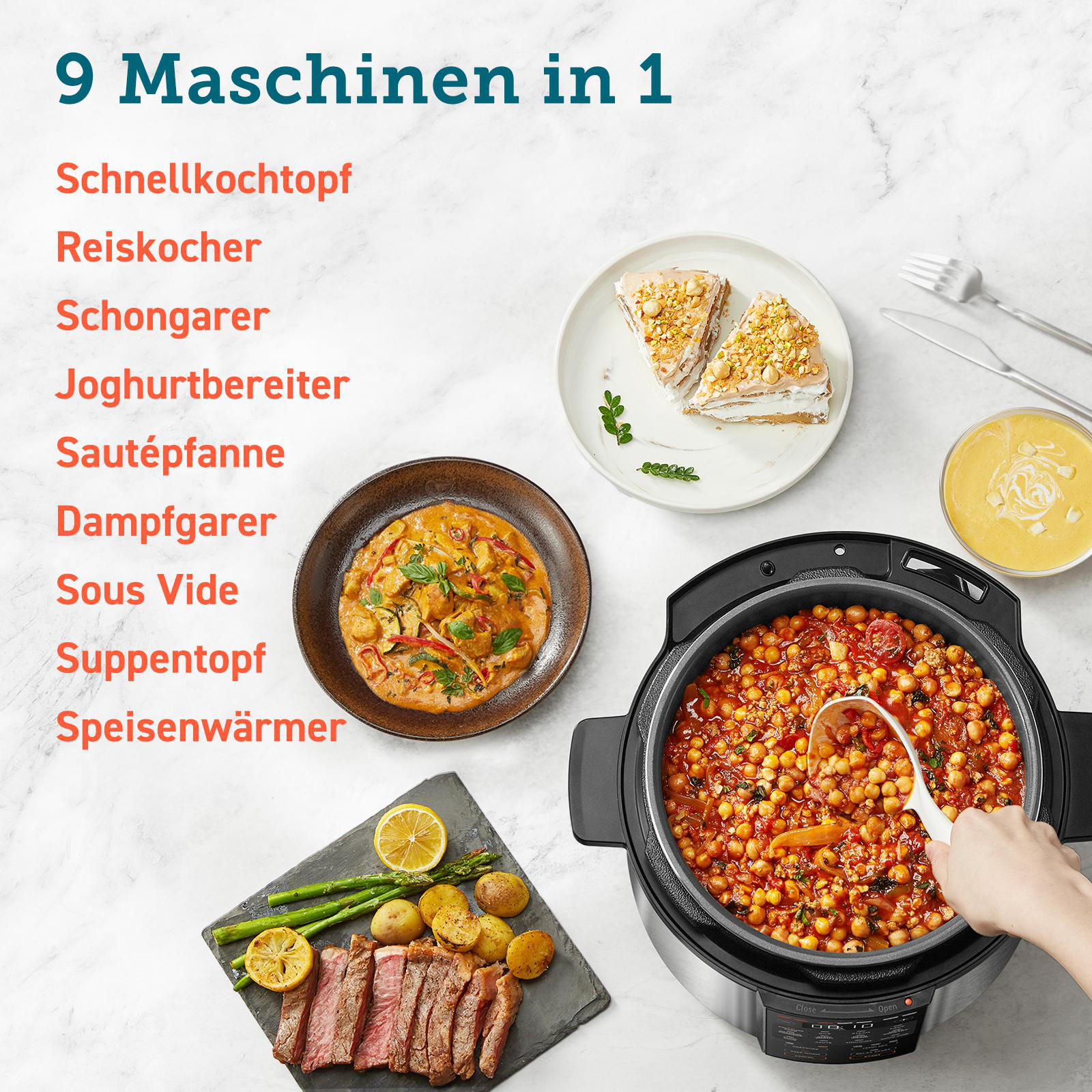Multikocher mit verschiedenen Gerichten, darunter Steak, Curry und Kuchen.