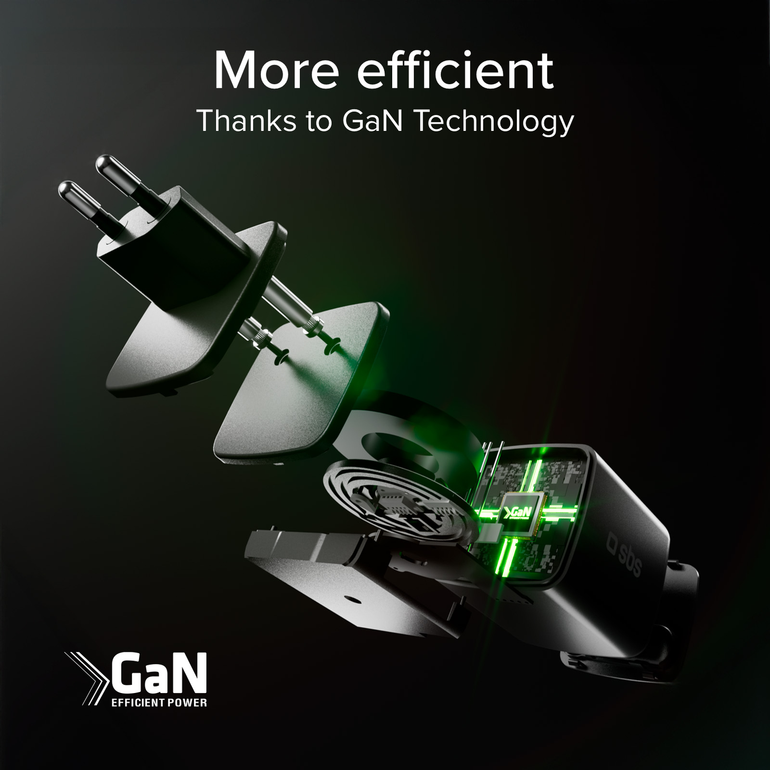 Exploded view of a black GaN charger, showing internal components with green glowing circuits.
