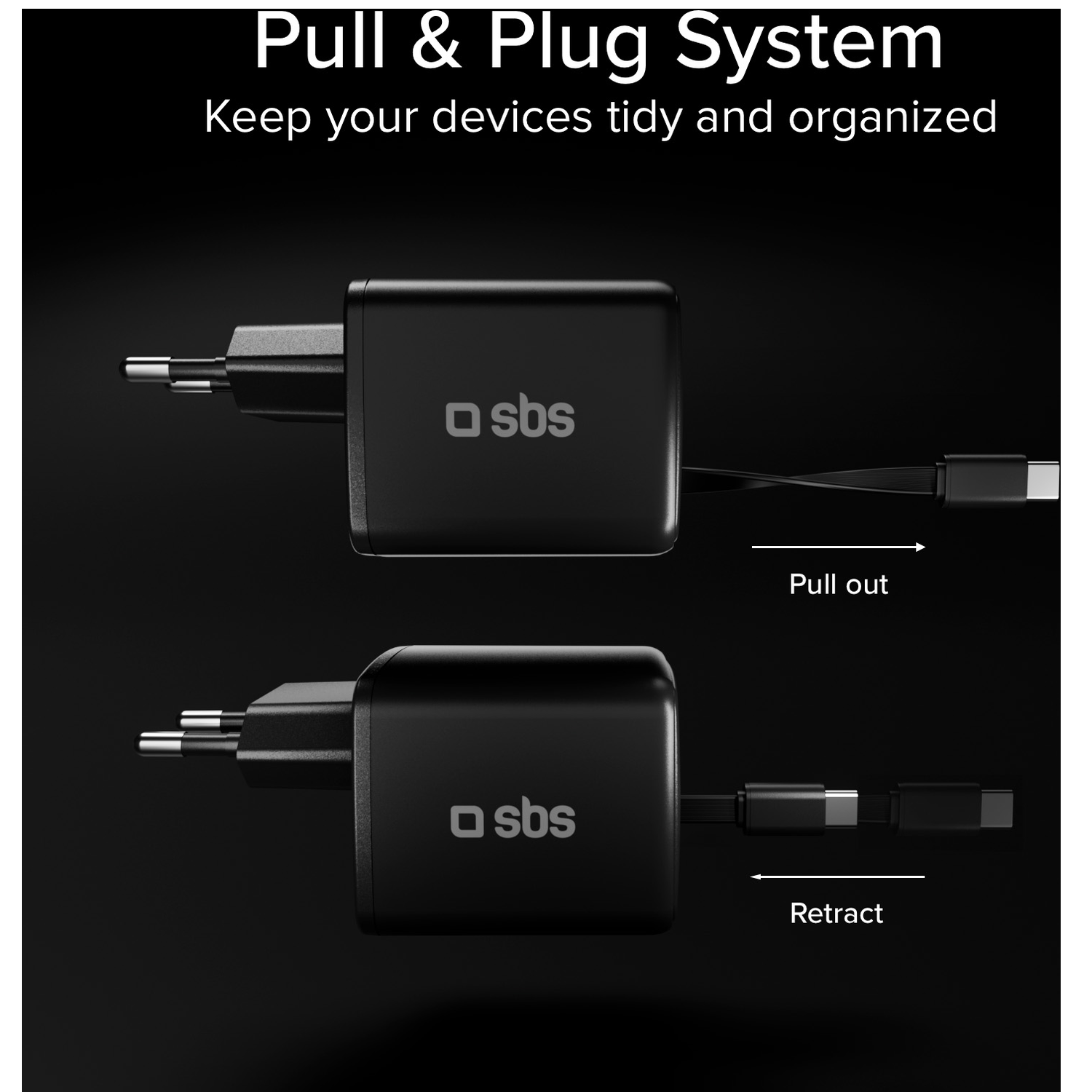 Two black SBS chargers with retractable cables on a black background.