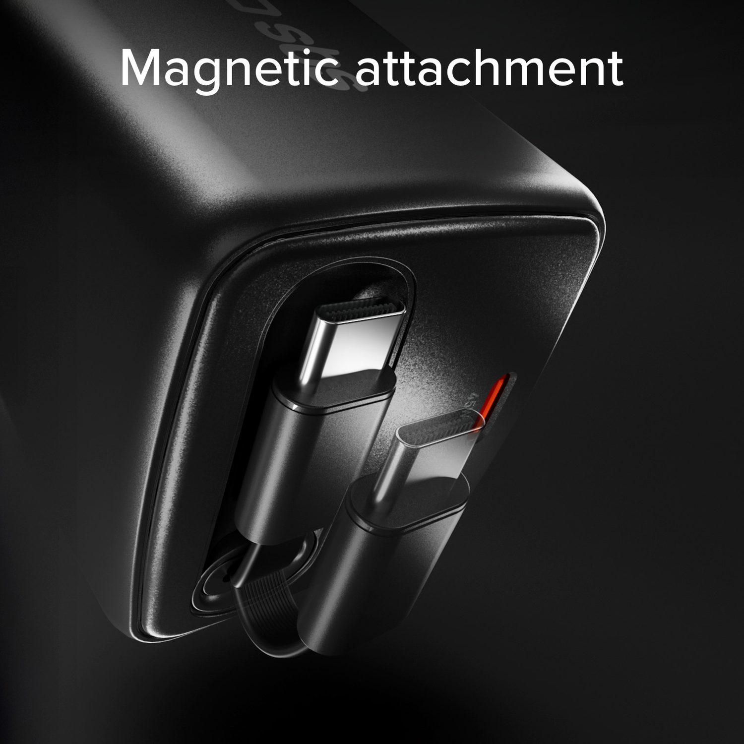 Close-up of a black power adapter with two USB-C cables attached.