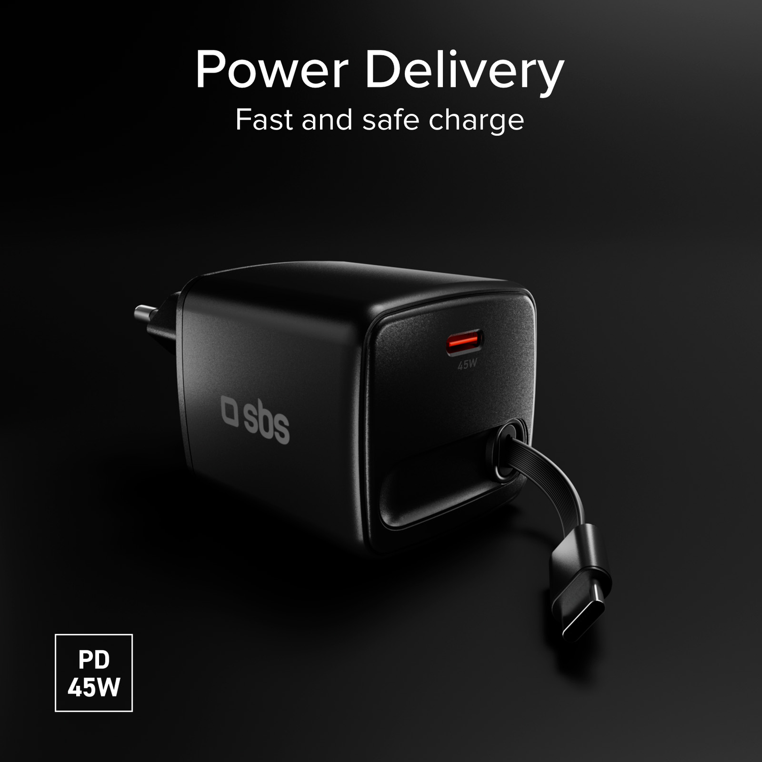 Black USB-C fast charger with PD 45W and cable connection.