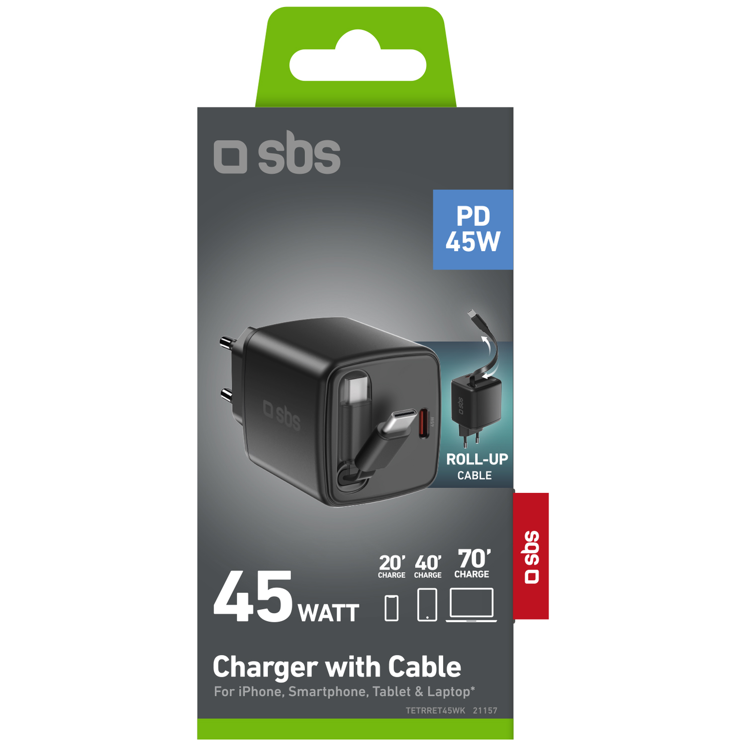 SBS 45W PD charger with roll-up cable for iPhone, smartphone, tablet & laptop.
