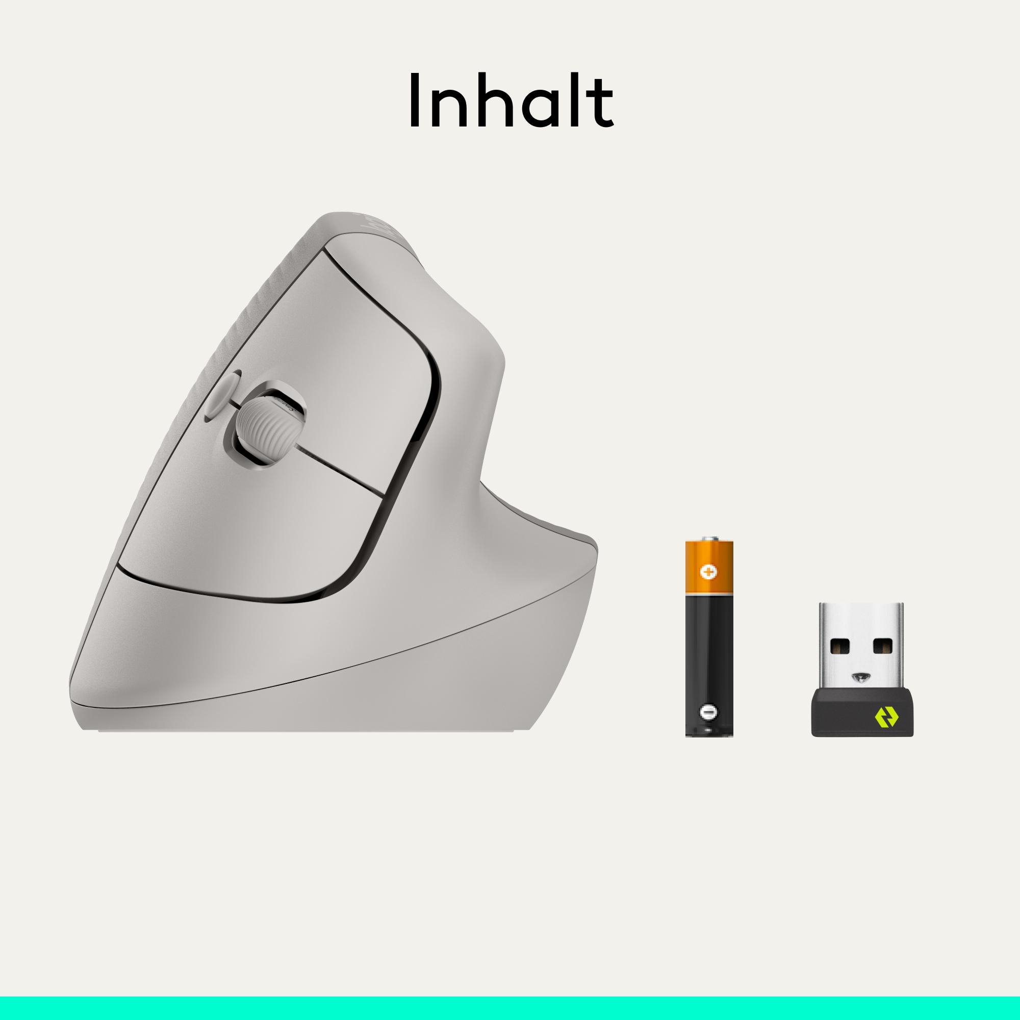 Graue vertikale Maus, AA-Batterie und USB-Dongle auf hellem Hintergrund.