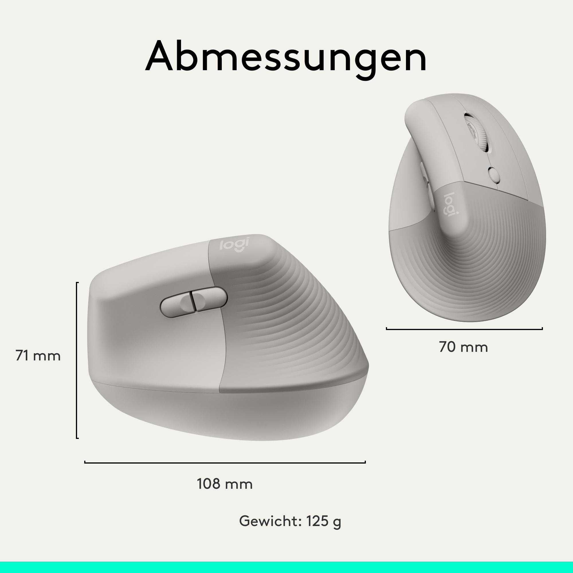 Graue Logitech Maus, 108x71mm, mit Rollrad und Tasten. Gewicht 125g.