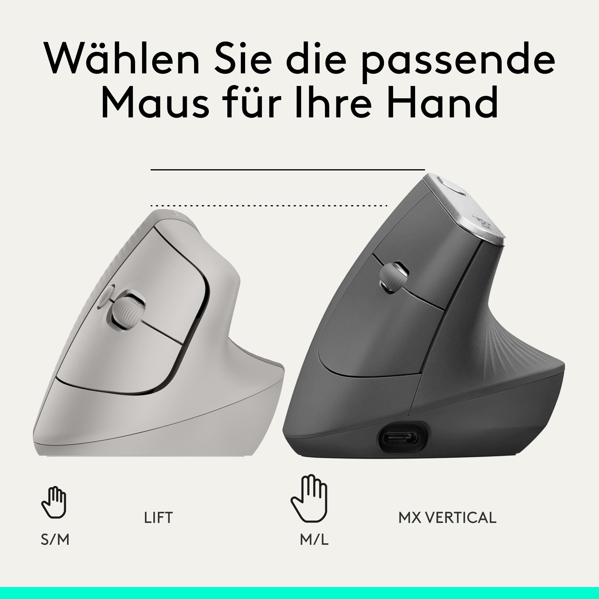 Zwei vertikale Mäuse: eine helle S/M und eine dunkle M/L.