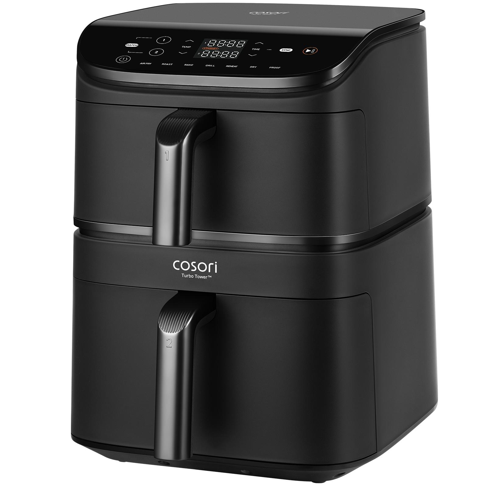 Schwarzer Cosori Turbo Tower Doppel-Heißluftfritteuse mit Touchscreen-Display.
