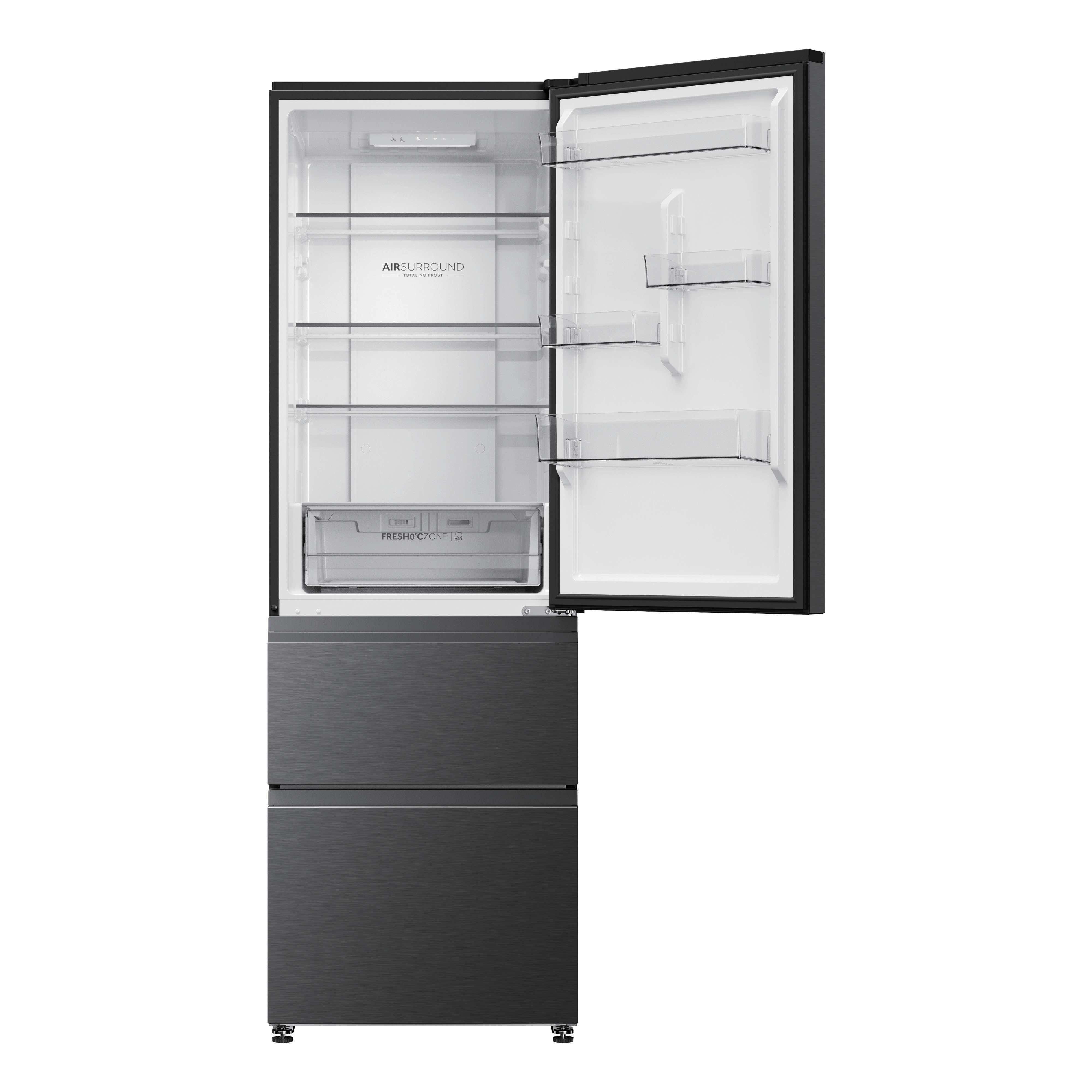 Ein offener schwarzer Kühlschrank mit silbernen Schubladen unten.