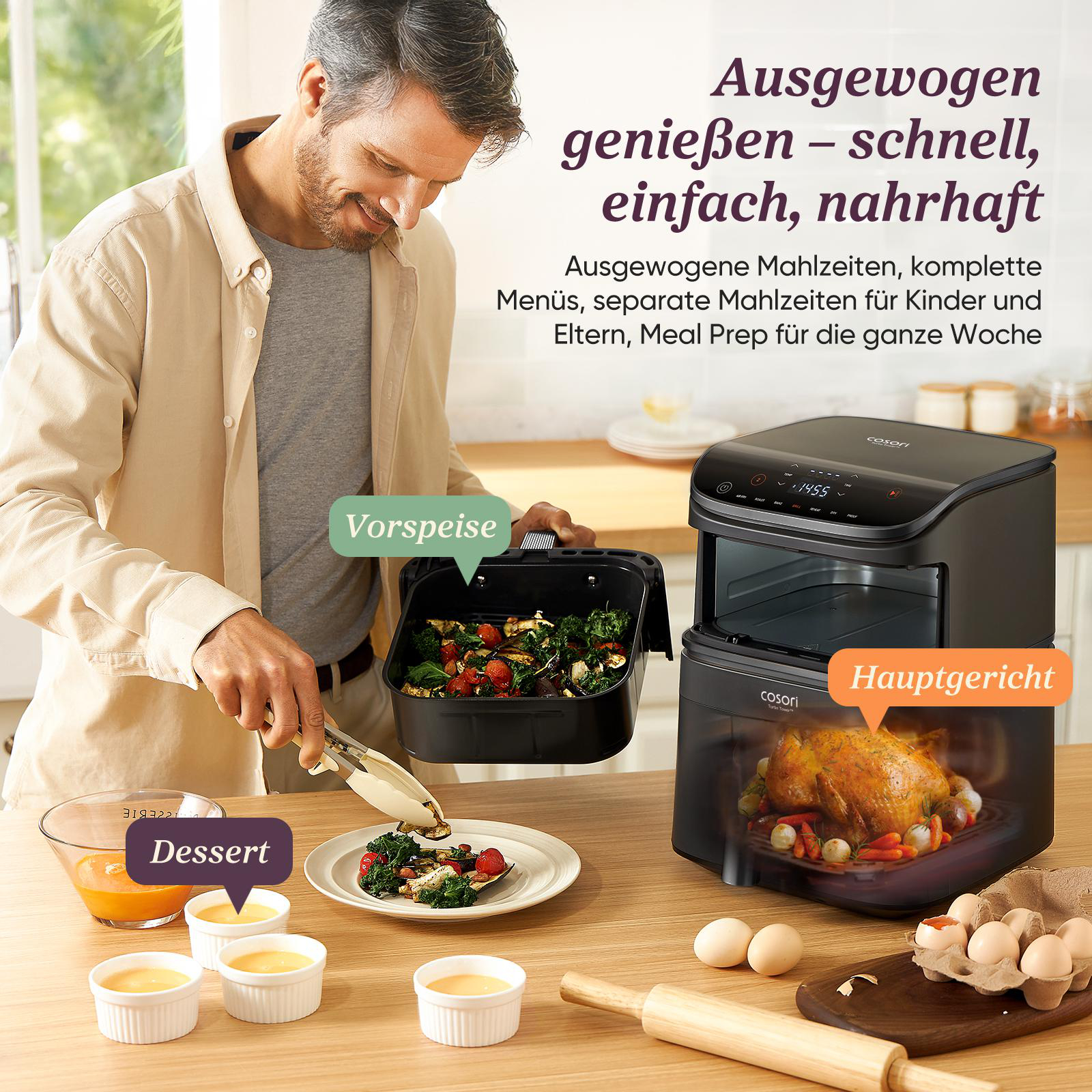 Mann platziert Gemüse aus der Heißluftfritteuse auf einen Teller. Ein Brathähnchen ist im Gerät.