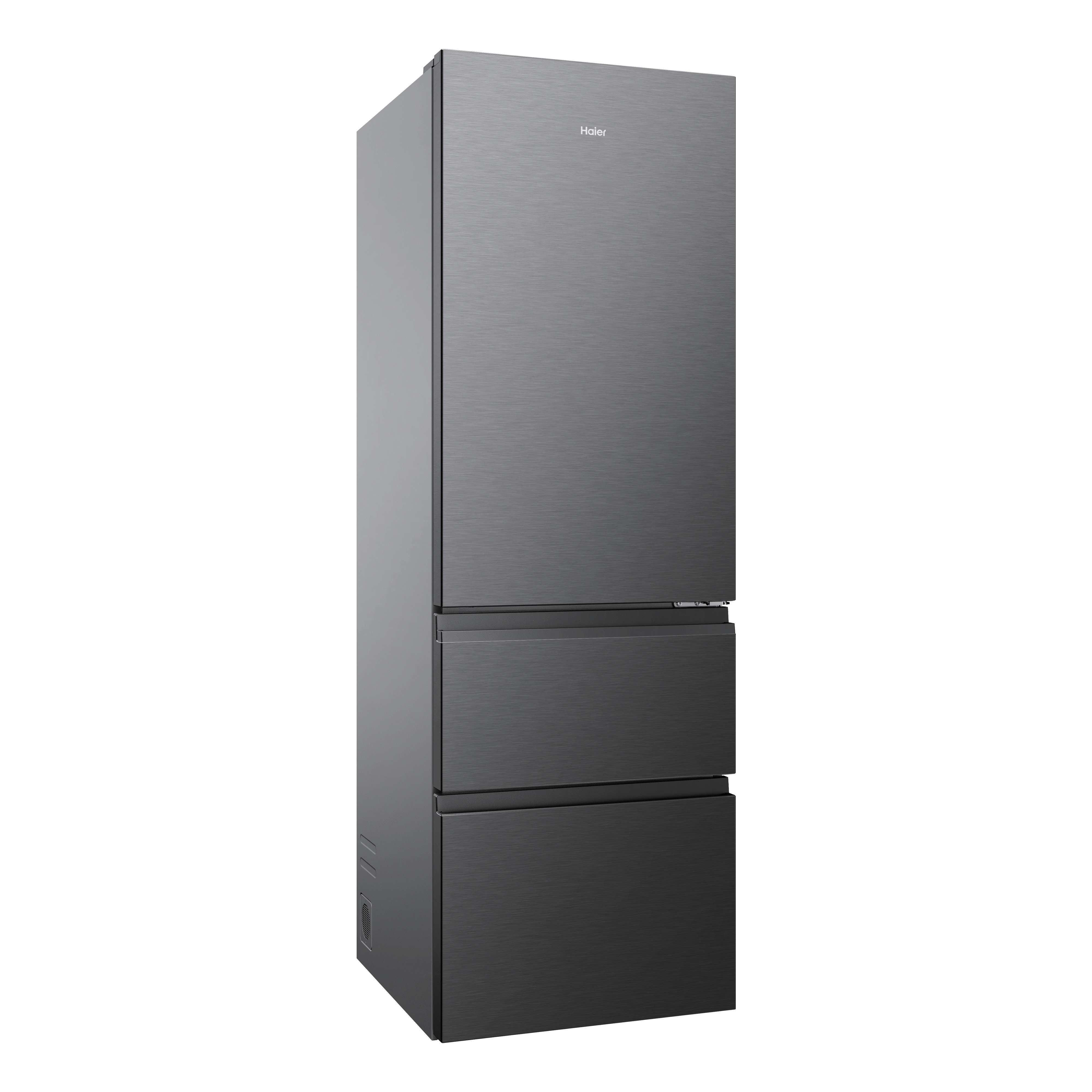 Ein grauer Haier-Kühlschrank mit drei Schubladen.