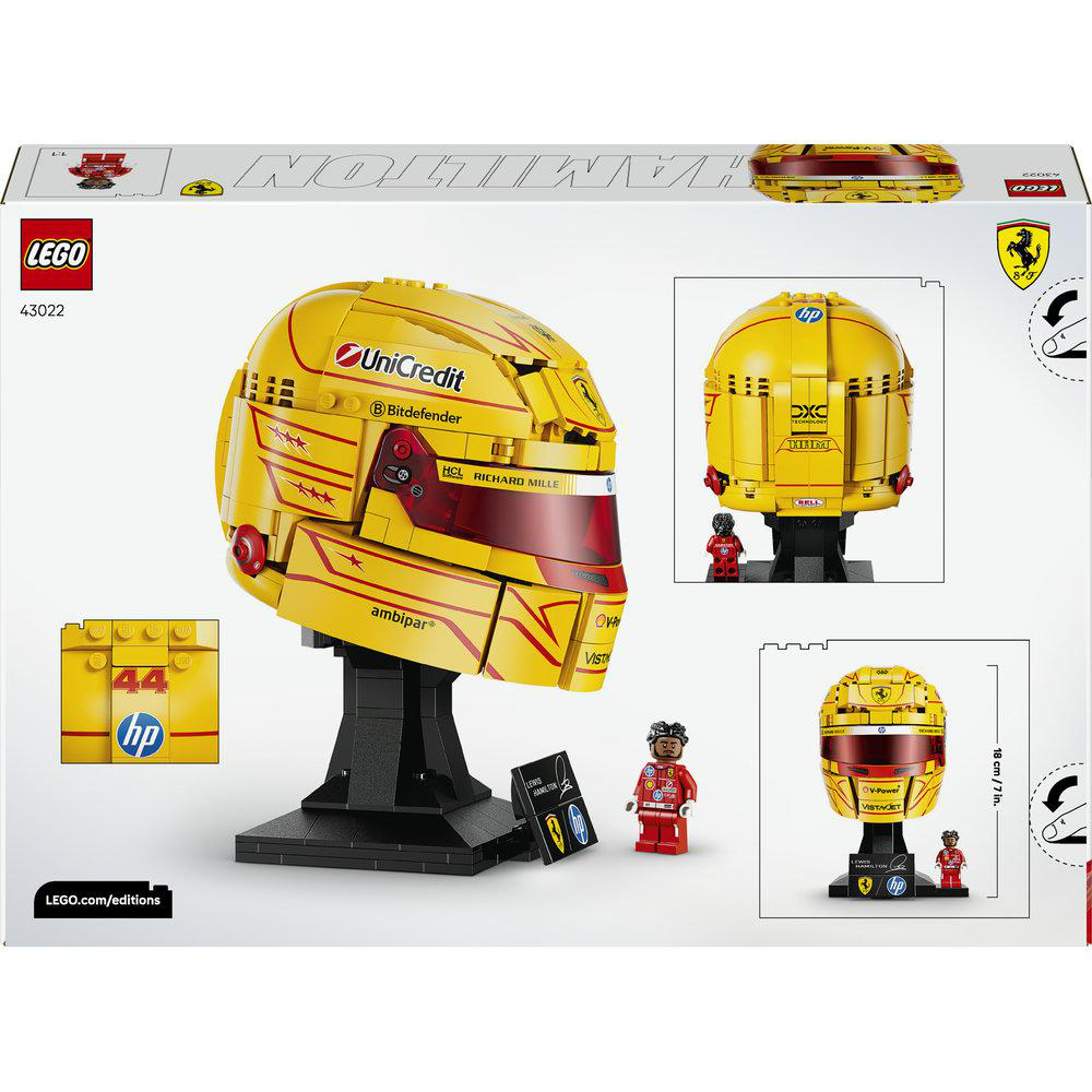 LEGO-Modell eines gelben Formel-1-Helms mit Ständer und Minifigur.