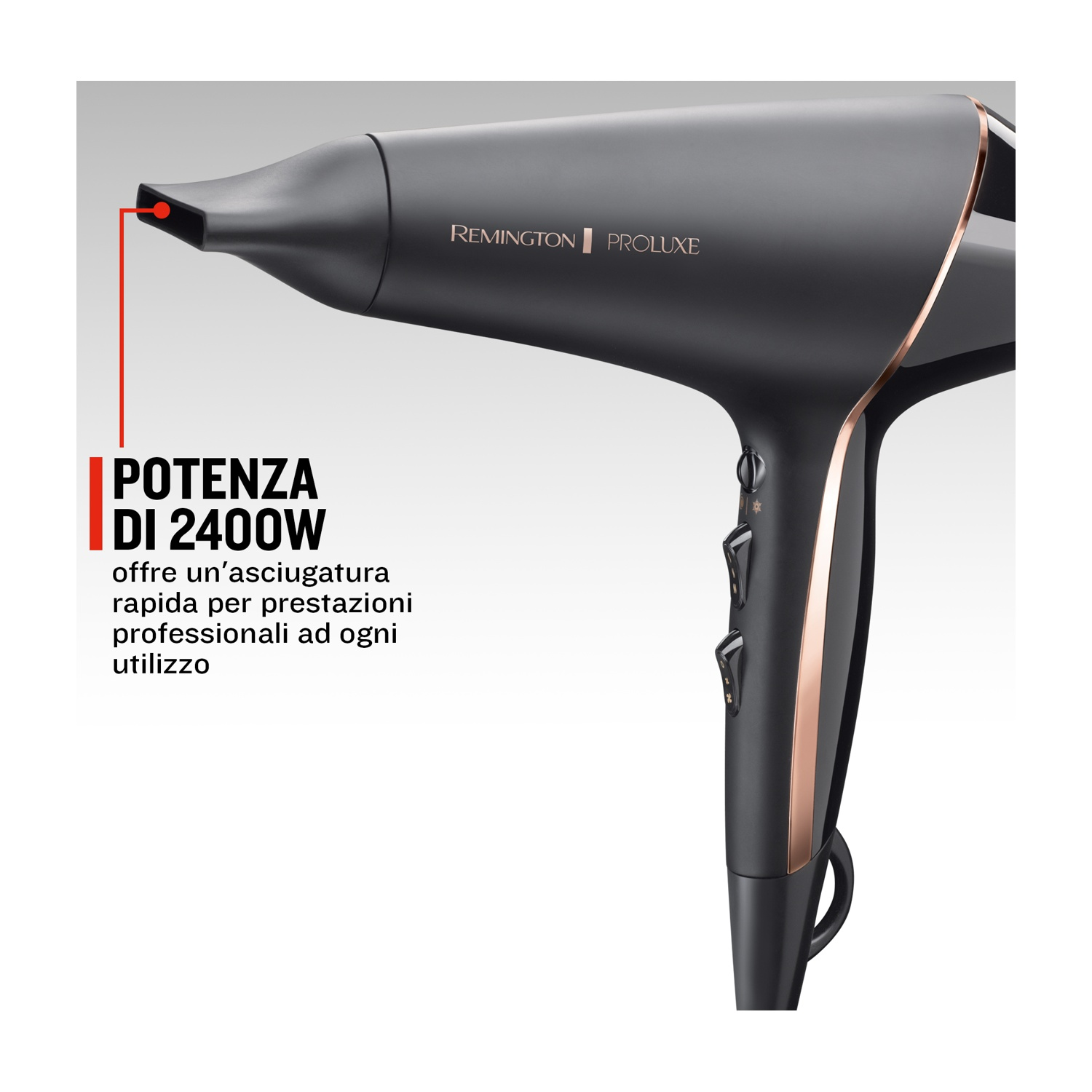 Asciugacapelli Remington Proluxe grigio scuro con accenti oro rosa, 2400W.