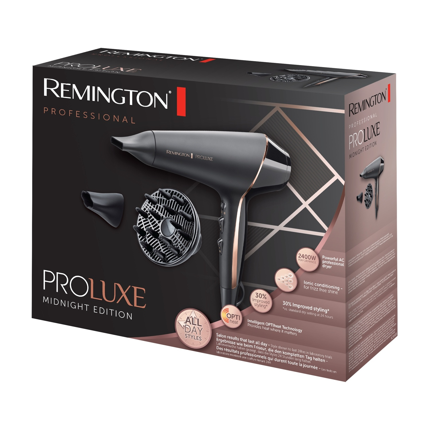 Asciugacapelli Remington Proluxe Midnight Edition con accessori su confezione nera.