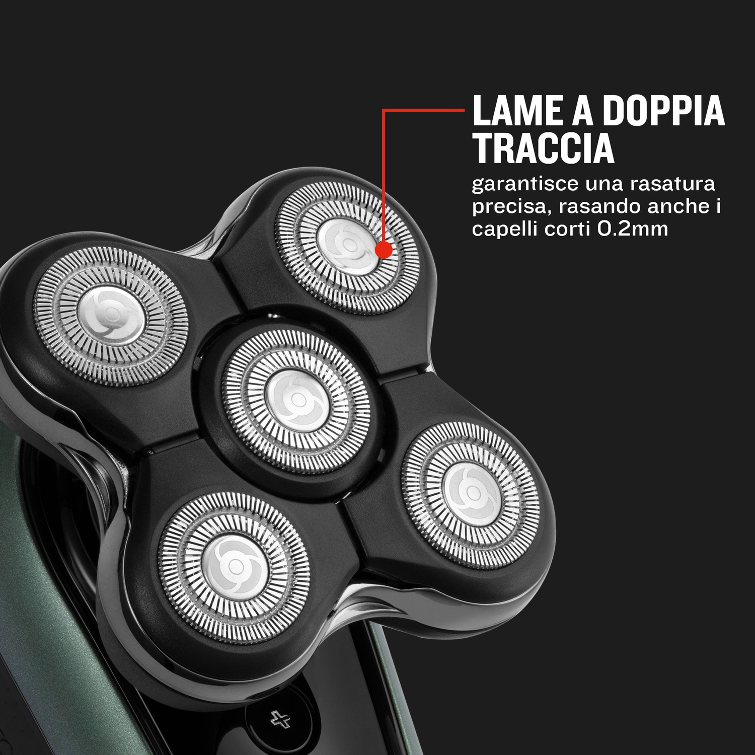 Primo piano di un rasoio elettrico nero con cinque testine rotanti.