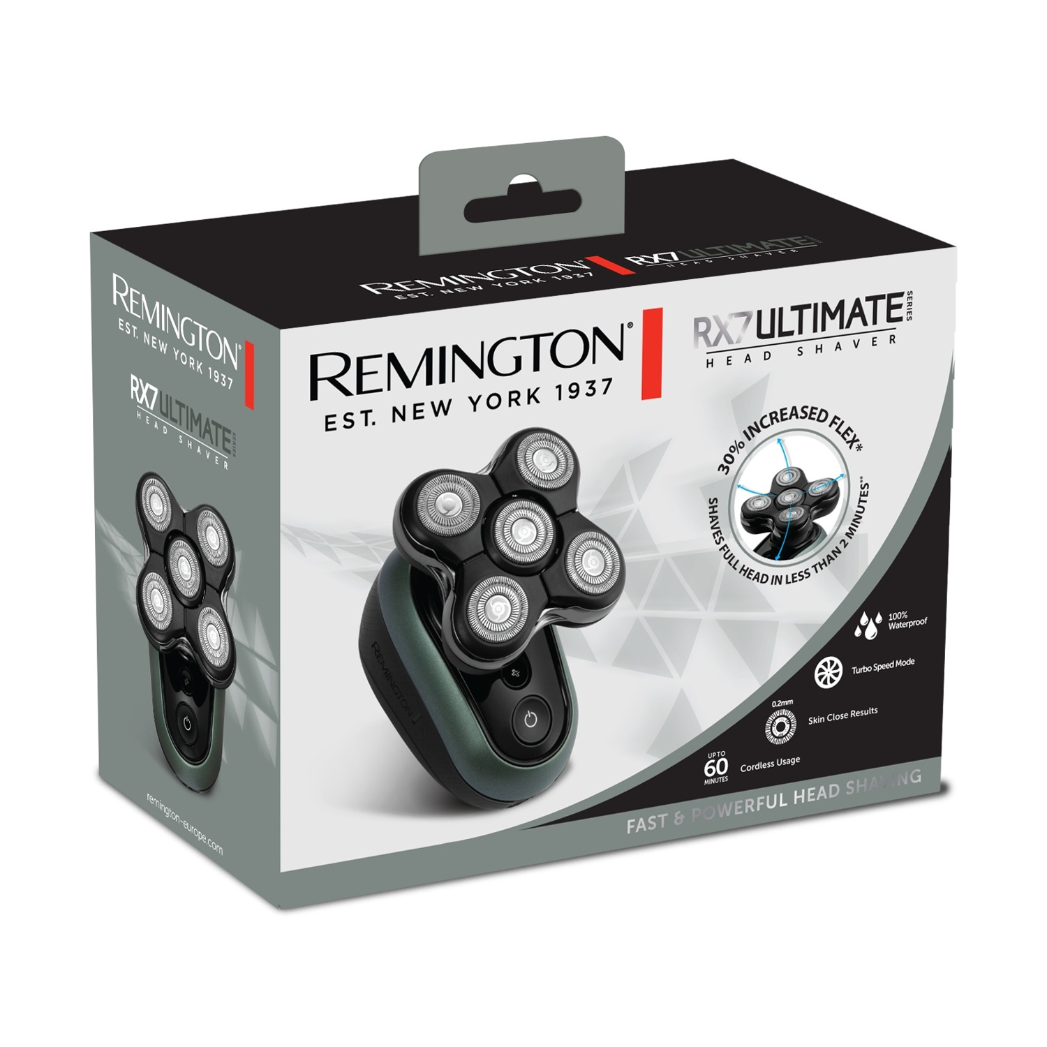 Scatola rasoio per testa Remington RX7 Ultimate. Presenta un rasoio rotante a 5 testine.