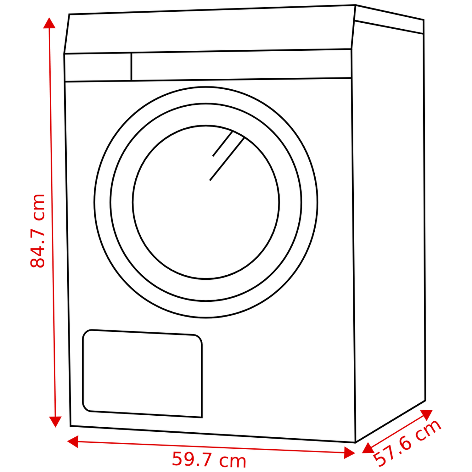 Technische tekening van een wasmachine met afmetingen.