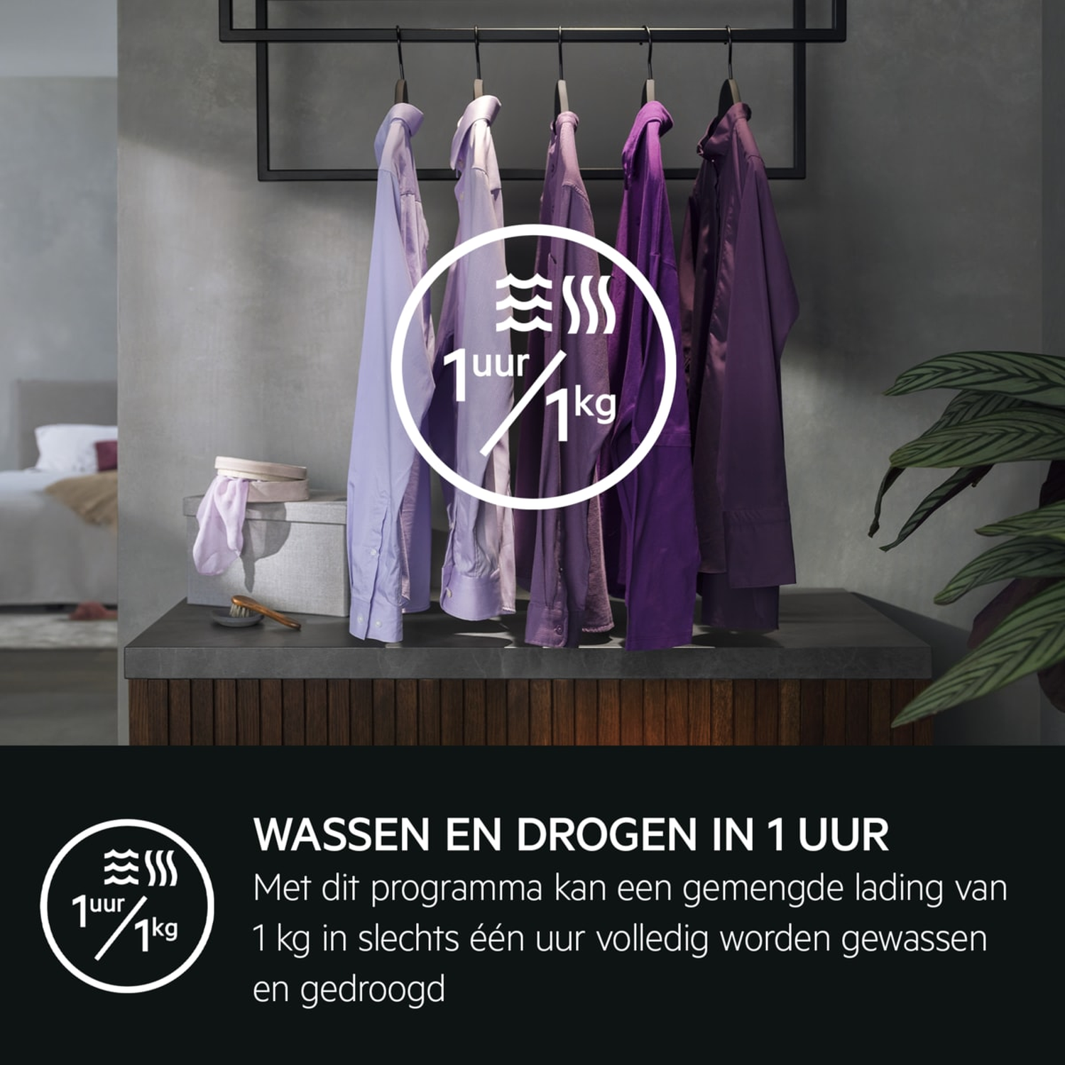 Zes overhemden in paarse tinten hangen aan hangers. Een cirkel toont 1 uur/1kg.