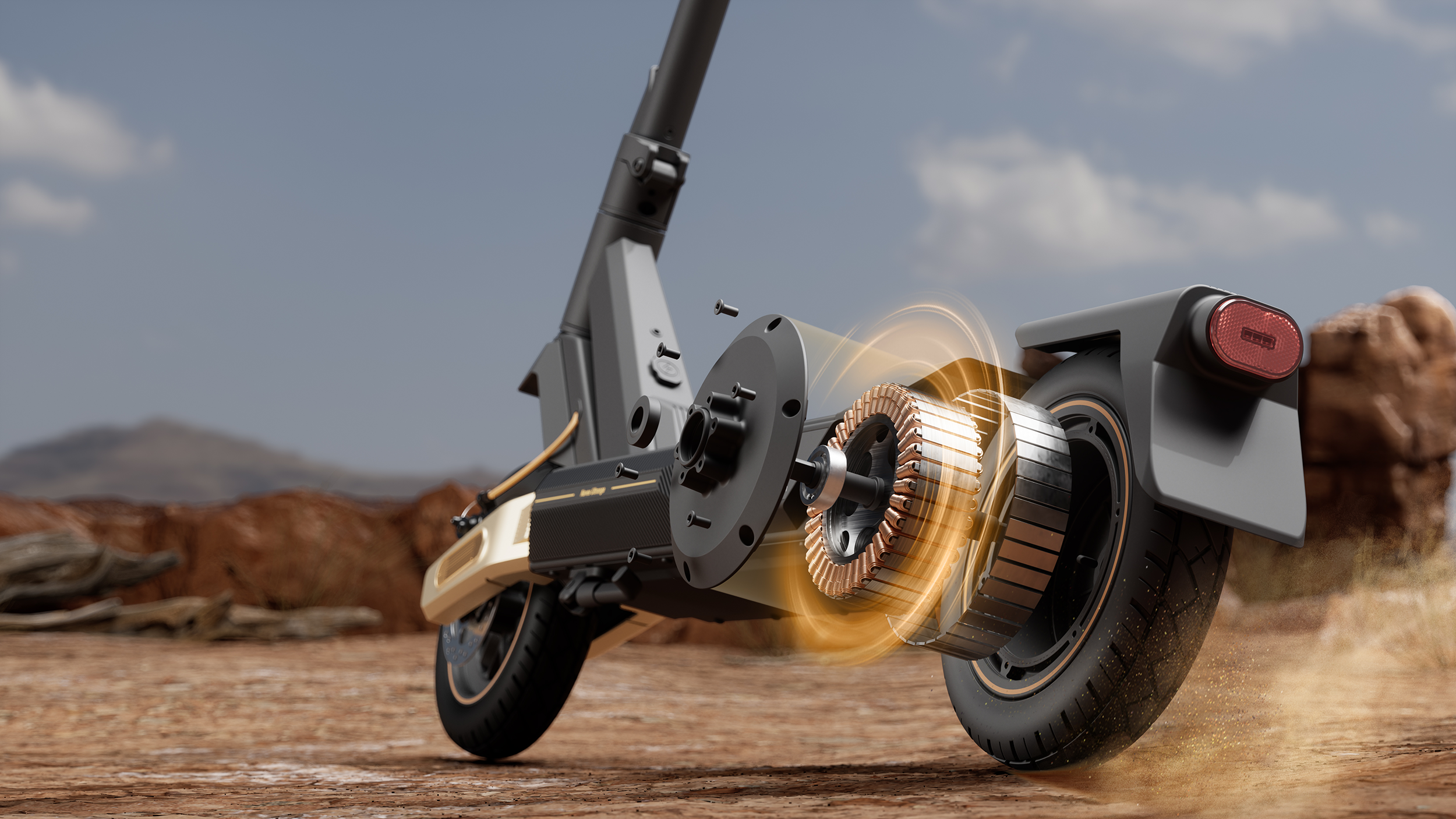 Elektromos roller motorja részletesen, poros talajon, örvénylő fényekkel.