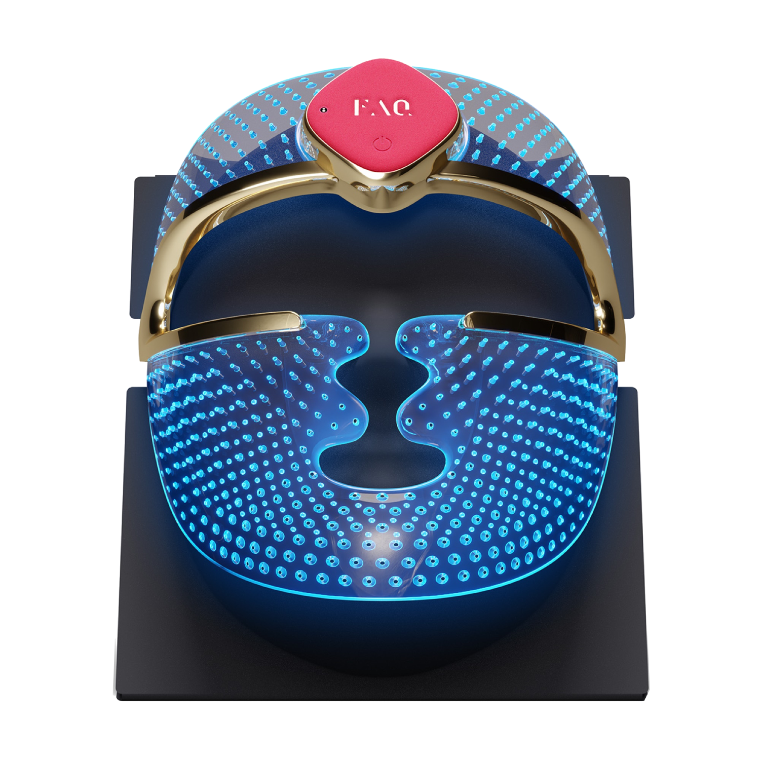 Un dispositivo de mascarilla facial LED azul brillante con detalles dorados y un botón rojo.