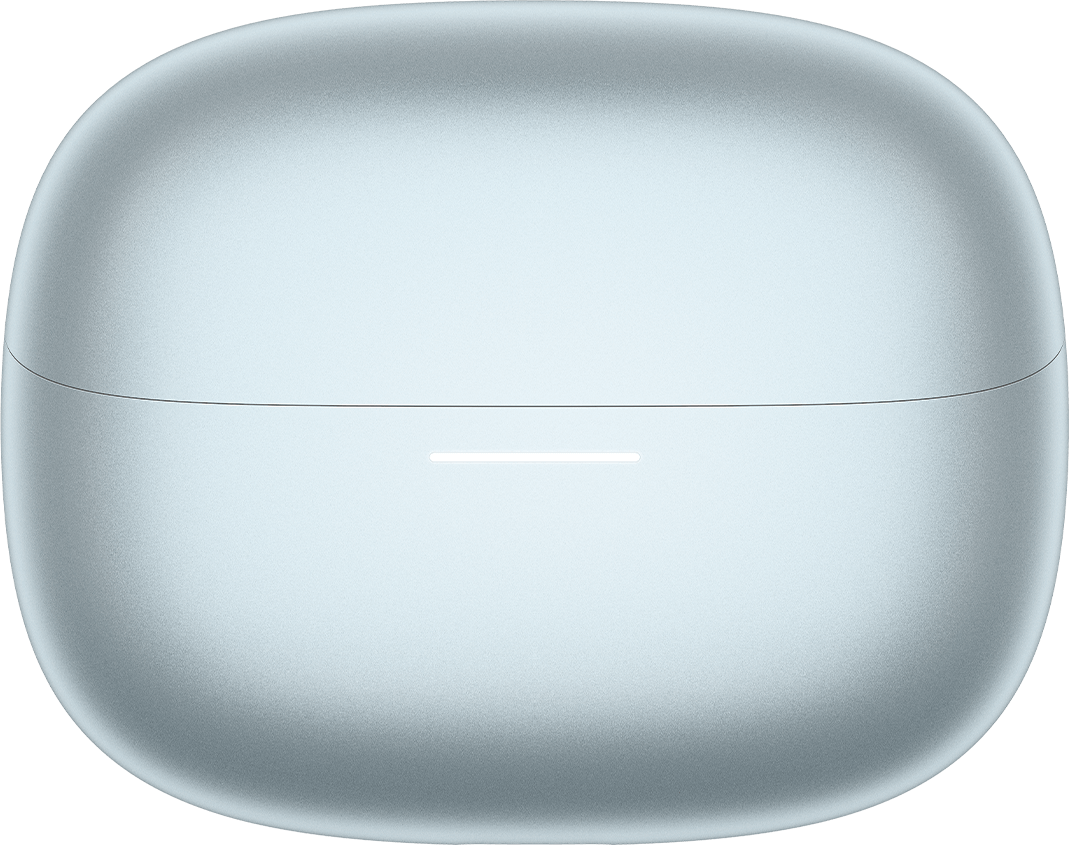 Una custodia di ricarica per auricolari azzurra con una sottile linea luminosa.