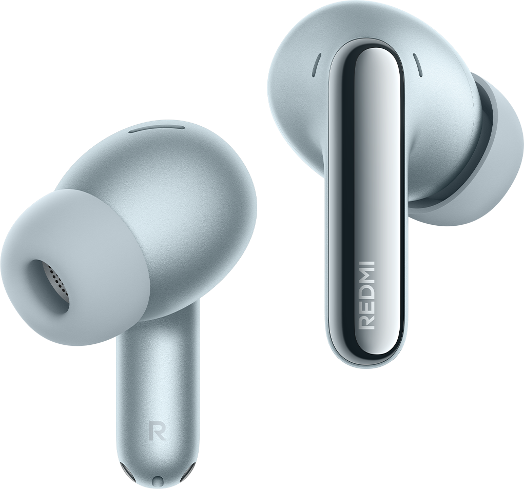 Due auricolari wireless azzurri con accenti argentati su sfondo nero.
