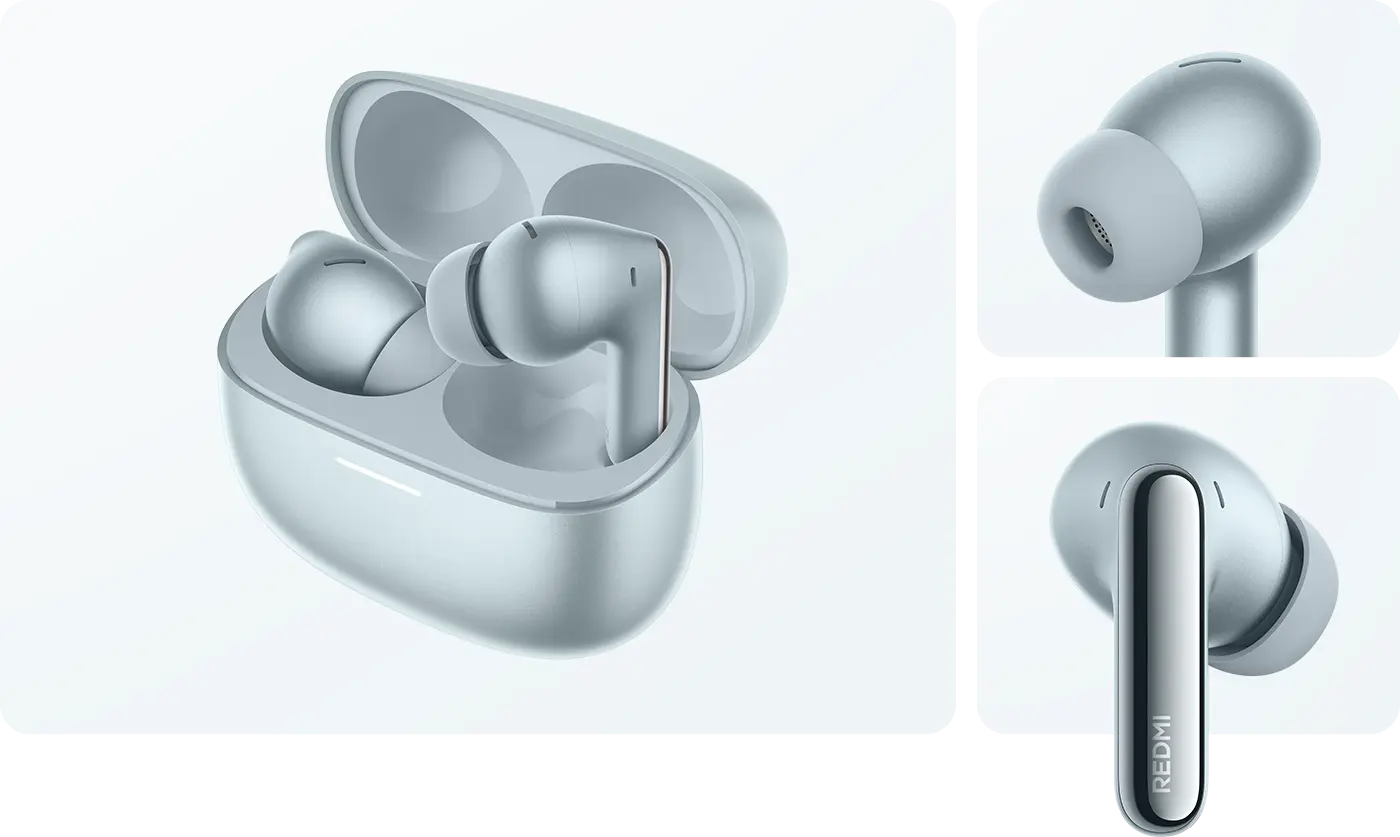 Auricolari wireless azzurri in custodia di ricarica e primi piani.