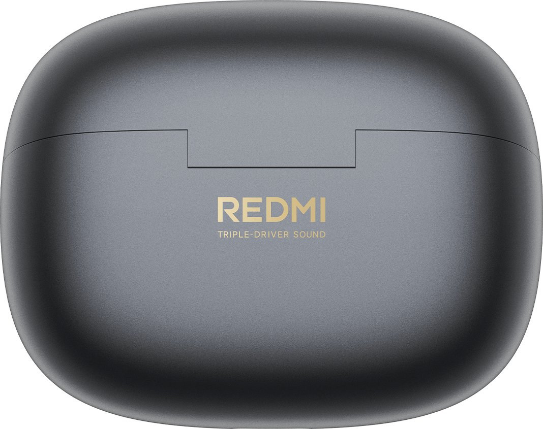 Coperchio grigio della custodia di ricarica con logo e testo Redmi dorati.