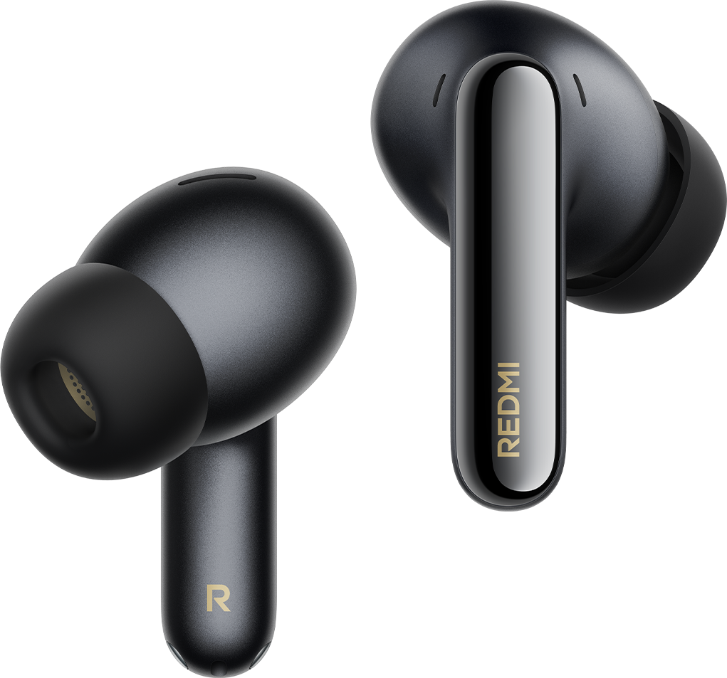 Due auricolari wireless neri con accenti dorati su sfondo nero.