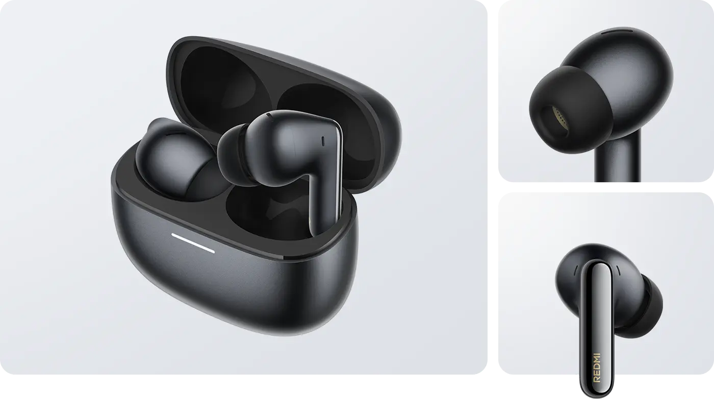Auricolari wireless neri in una custodia di ricarica aperta e primi piani.