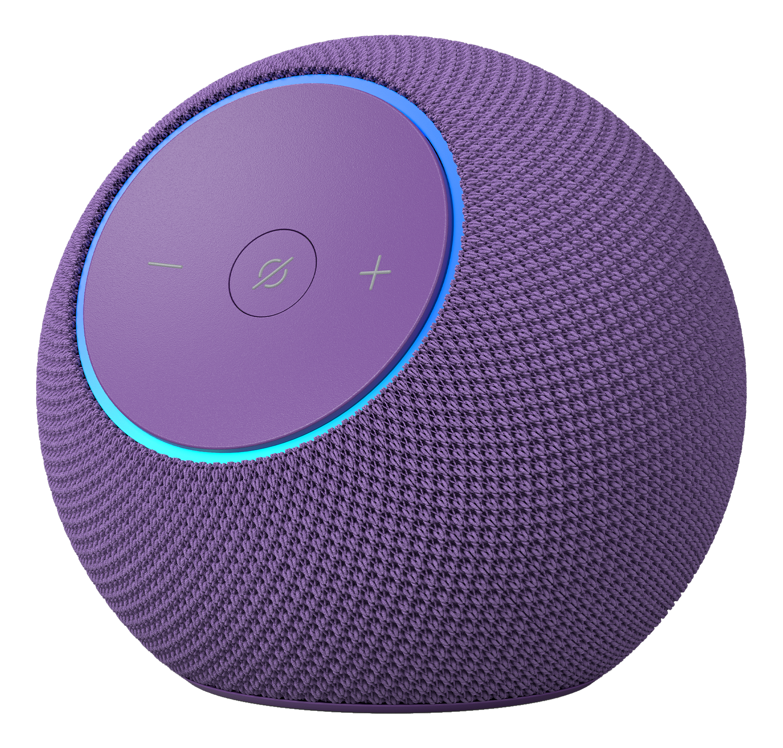 Enceinte en tissu violet avec commandes tactiles et anneau lumineux bleu.