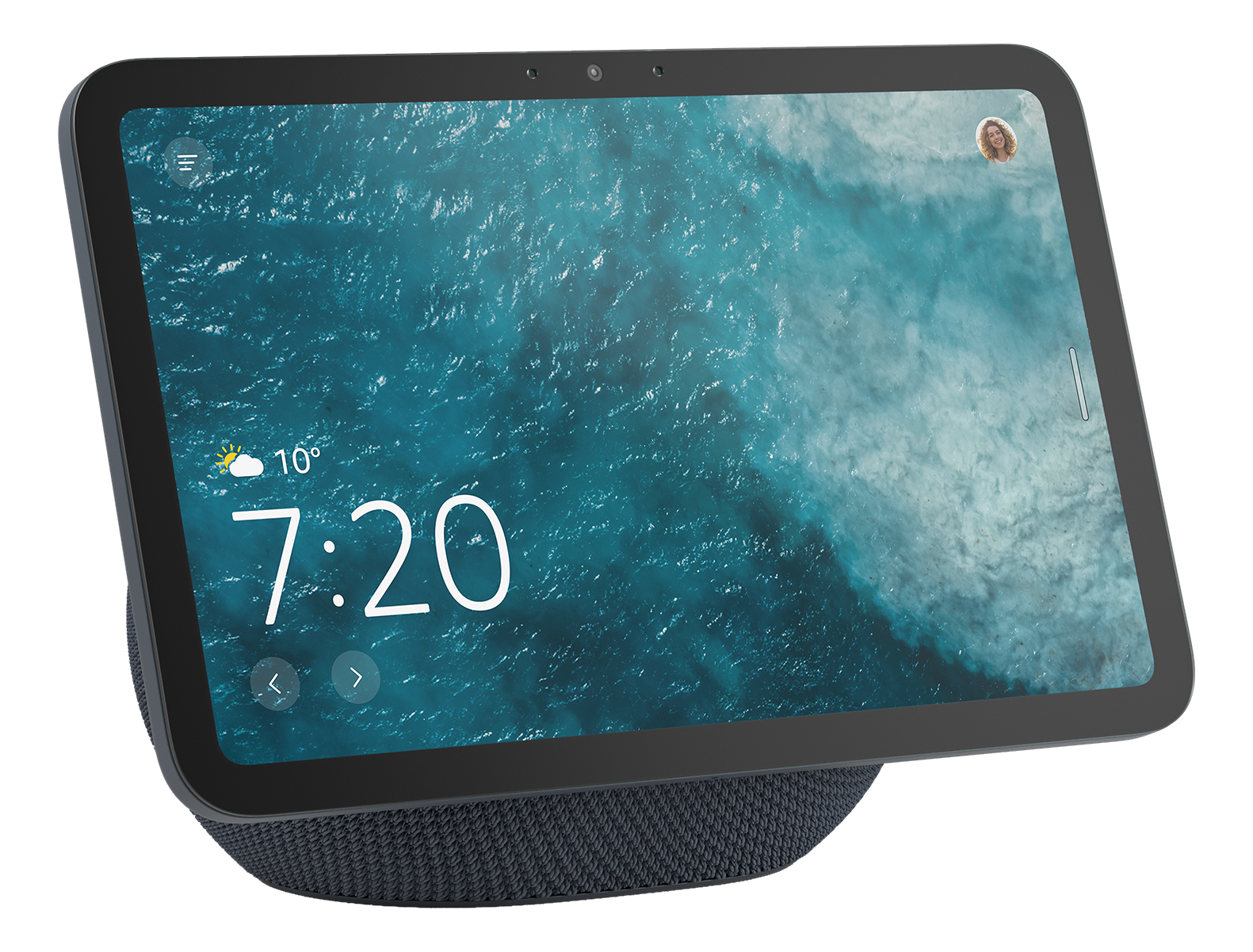 Ein Smart Display zeigt 7:20 Uhr, 10 Grad und ein Wolken-Sonnensymbol.