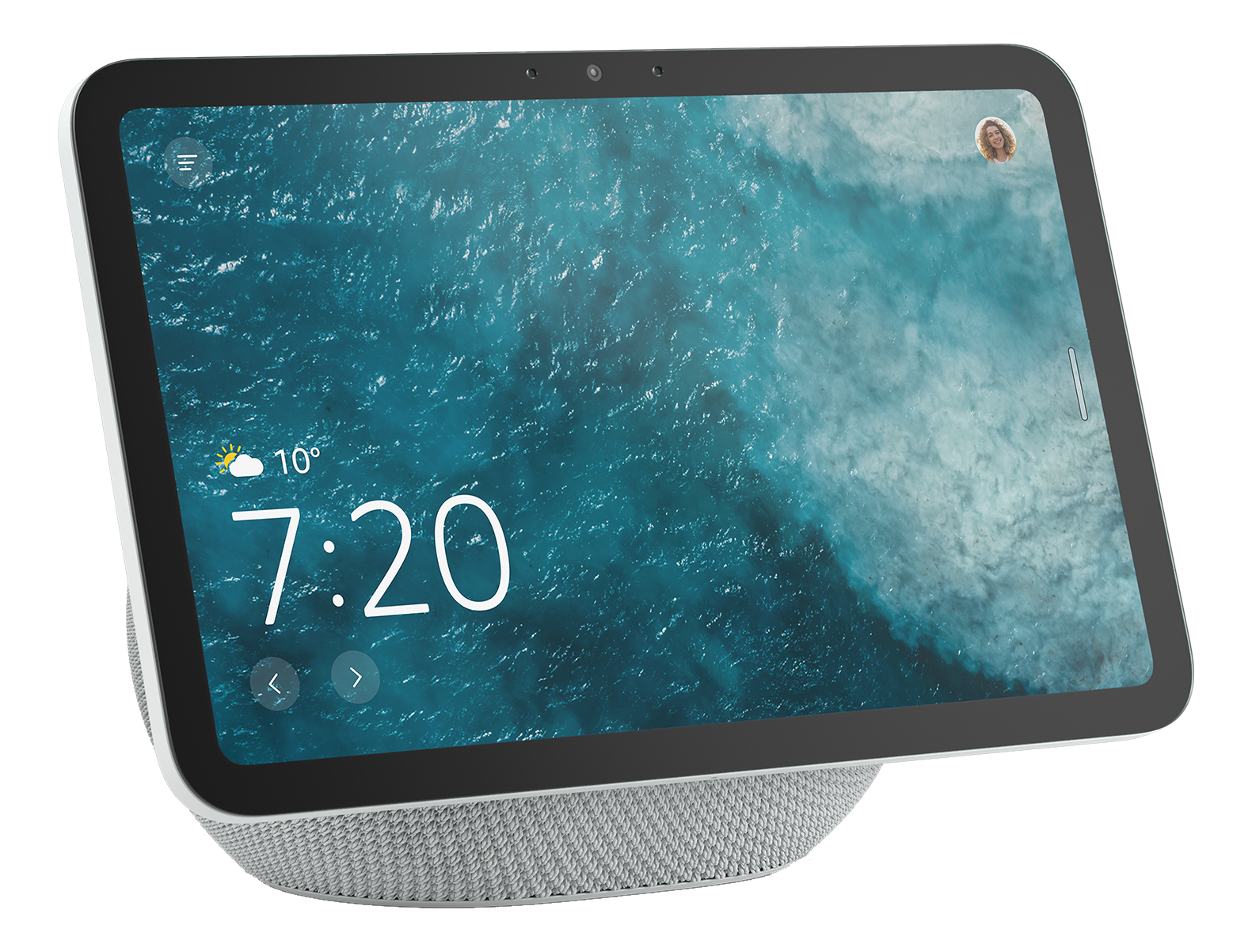 Ein Smart Display mit Wellen-Hintergrund, Uhrzeit 7:20, 10° und einer Person.