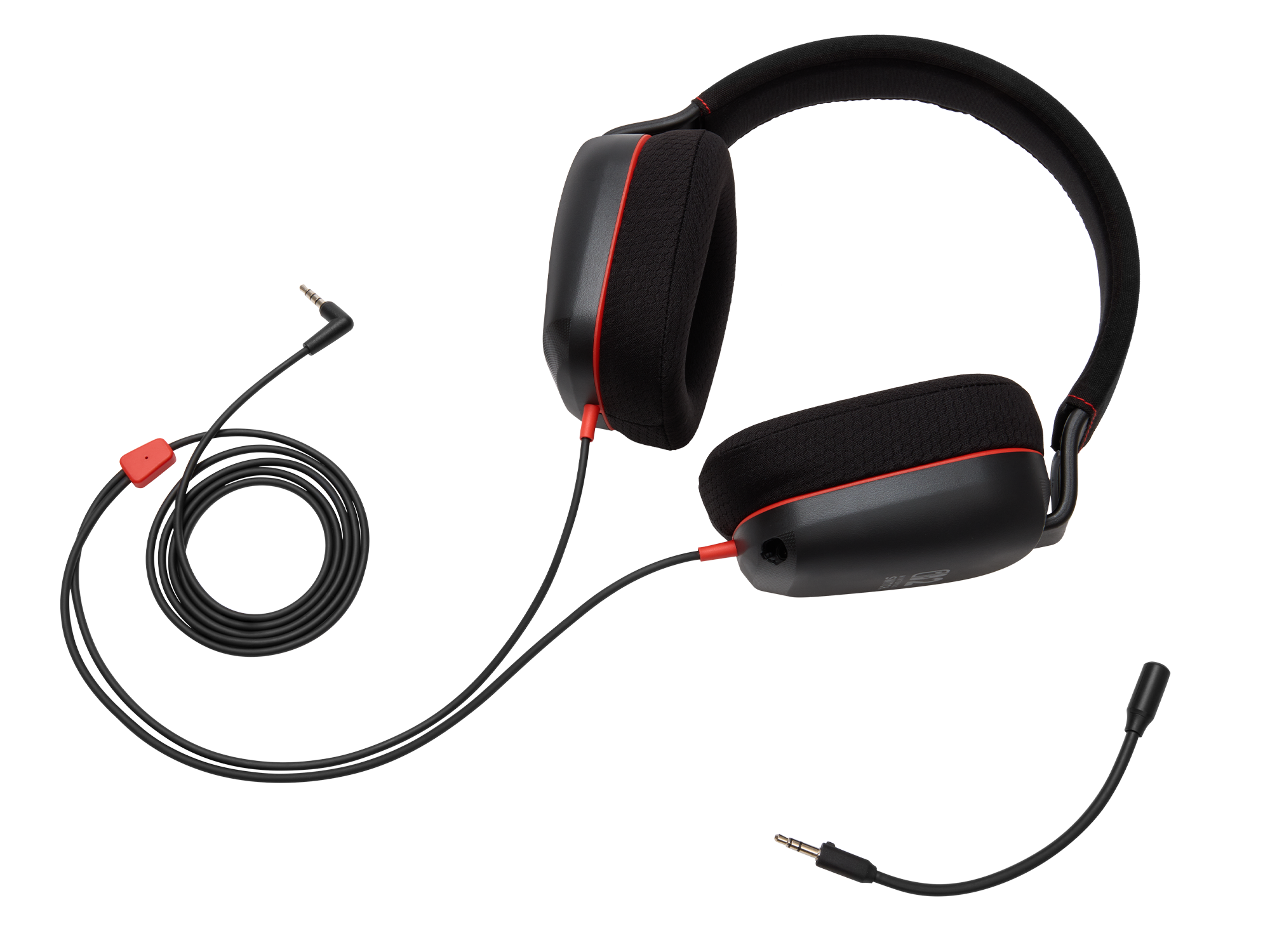 Schwarze Kopfhörer mit roten Akzenten, Kabel und Mikrofon auf schwarzem Hintergrund.