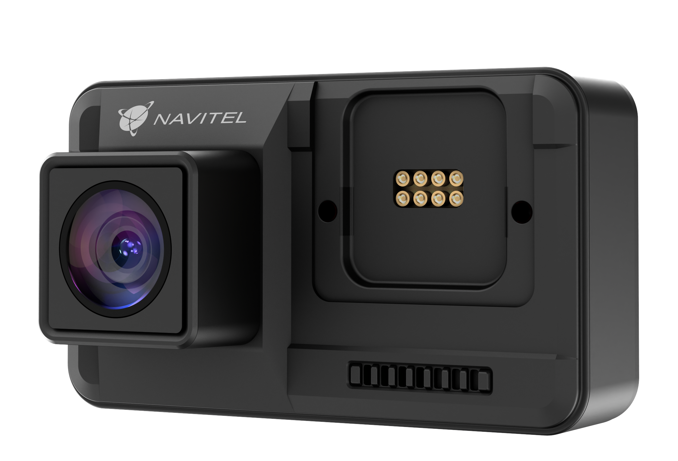 Fekete Navitel műszerfali kamera lencsével és töltőérintkezőkkel.