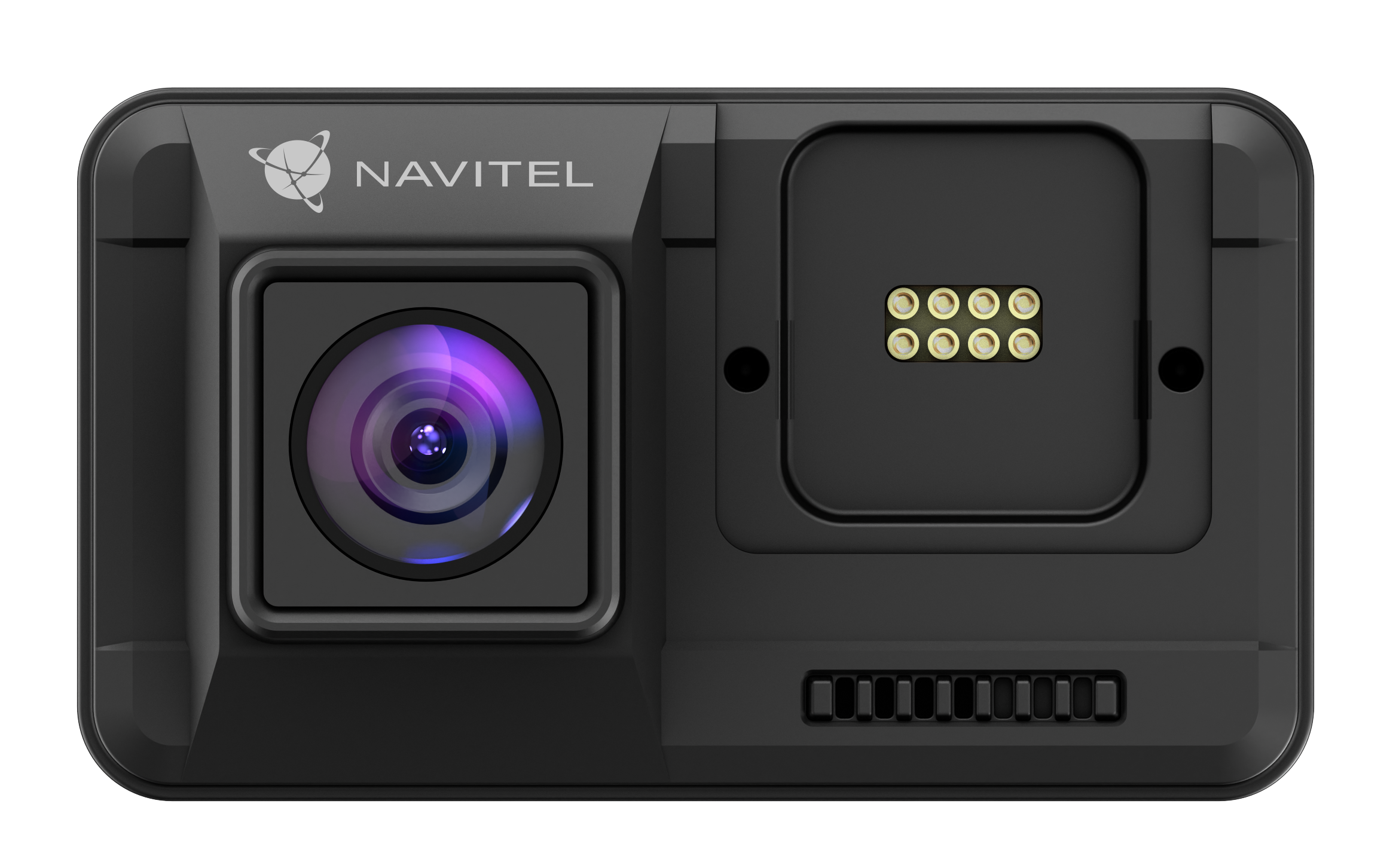 Navitel műszerfali kamera lencsével, töltőérintkezőkkel és szellőzőkkel.