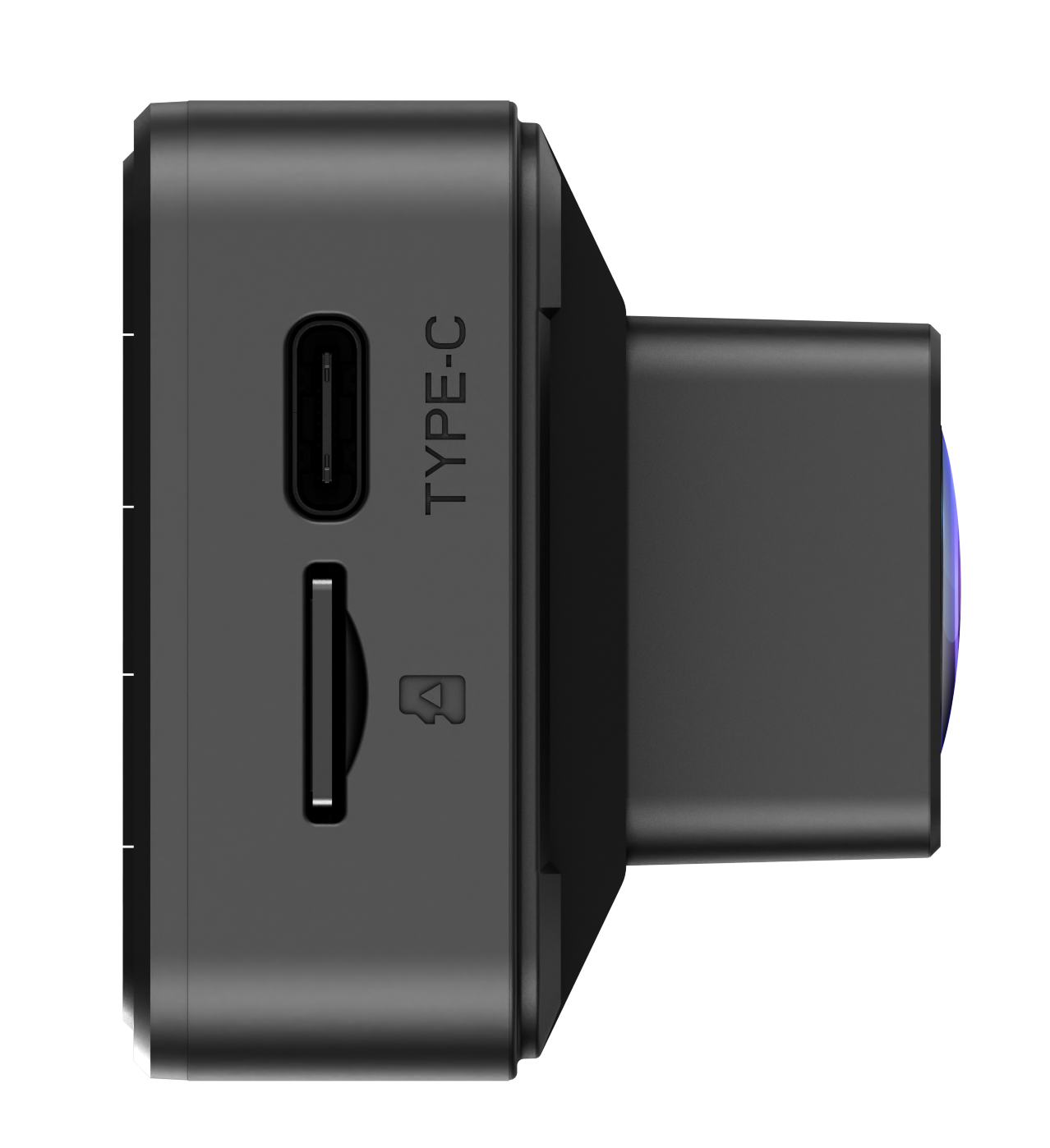 Fekete eszköz oldalsó nézet, USB-C porttal, SD kártyanyílással és lencsével.