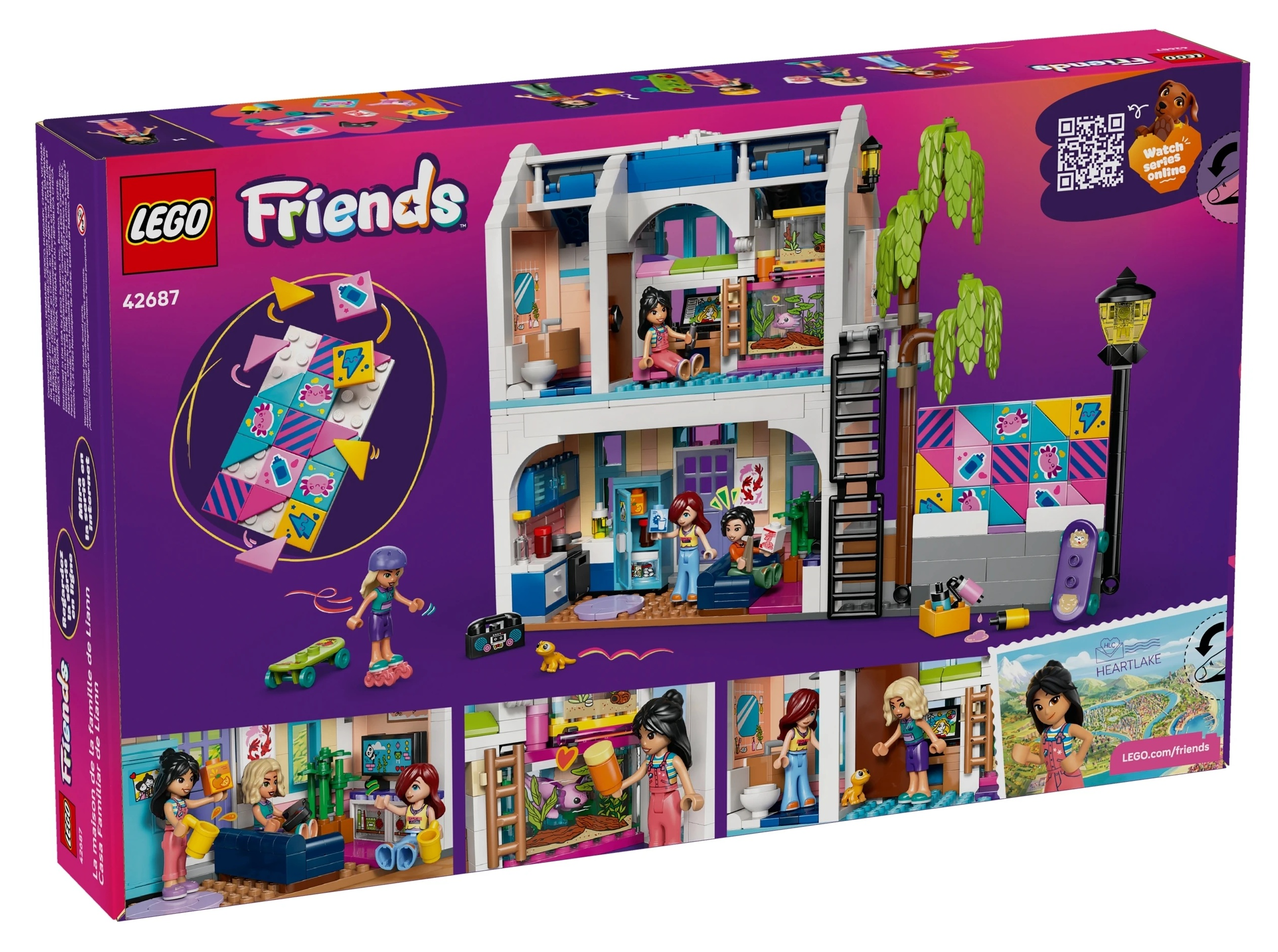 Domek Lego Friends z figurkami, deskorolką, lampą i wieloma detalami.