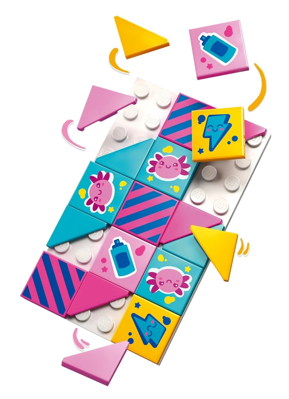 Kolorowe klocki LEGO z motywami jak aksolotl, błyskawica i spray.