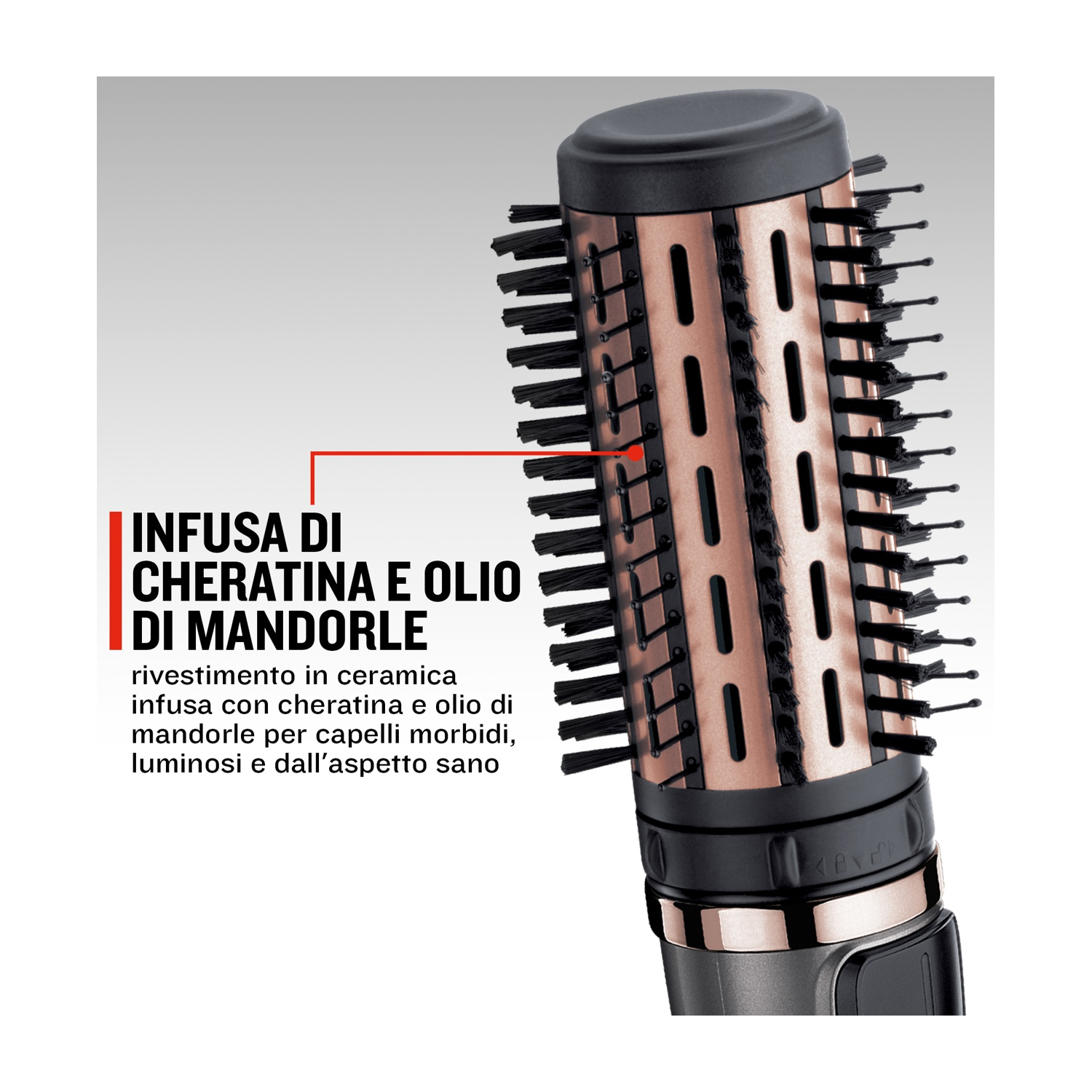 Spazzola per capelli con rivestimento in cheratina e olio di mandorle.