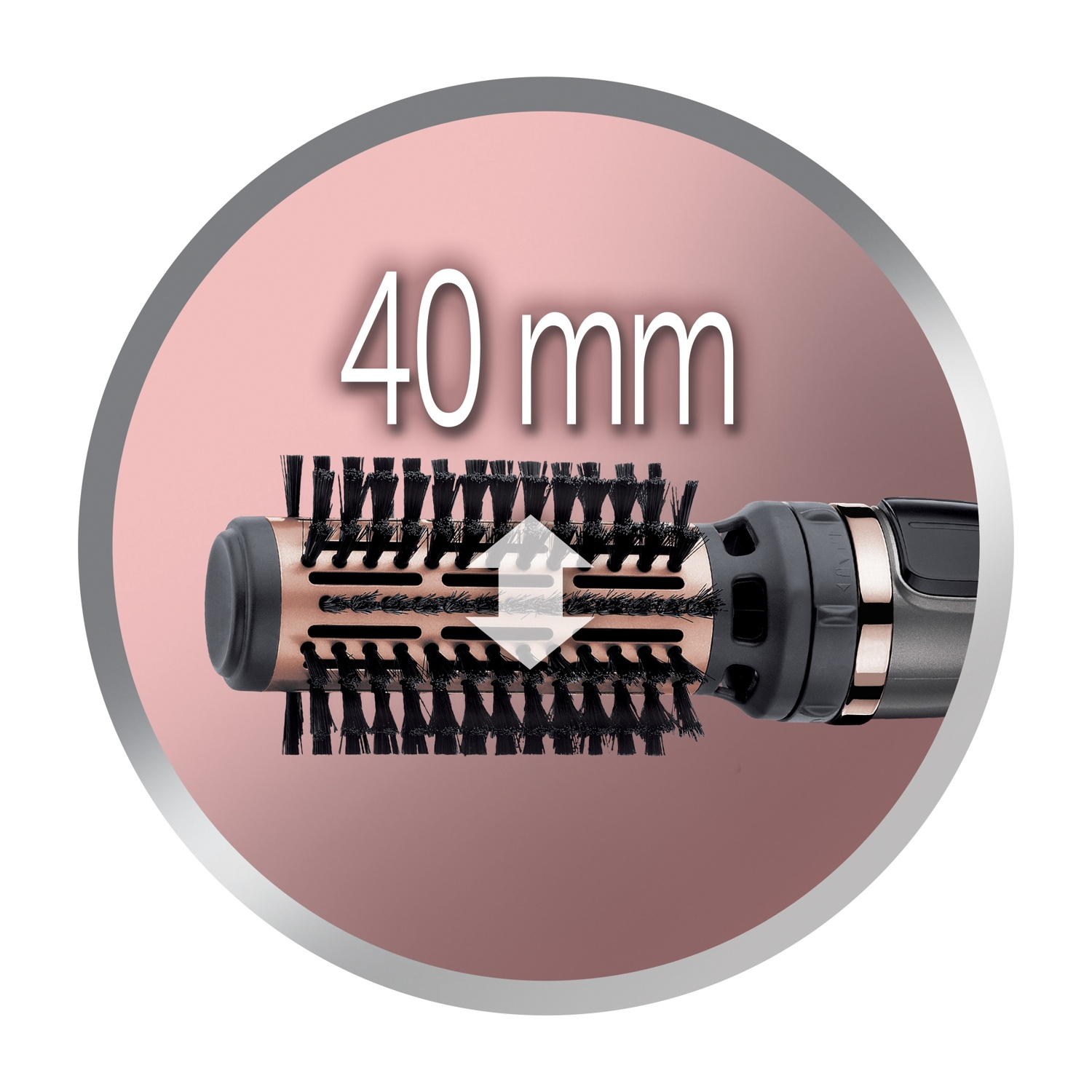 Spazzola rotonda da 40 mm con setole nere e corpo in rame.