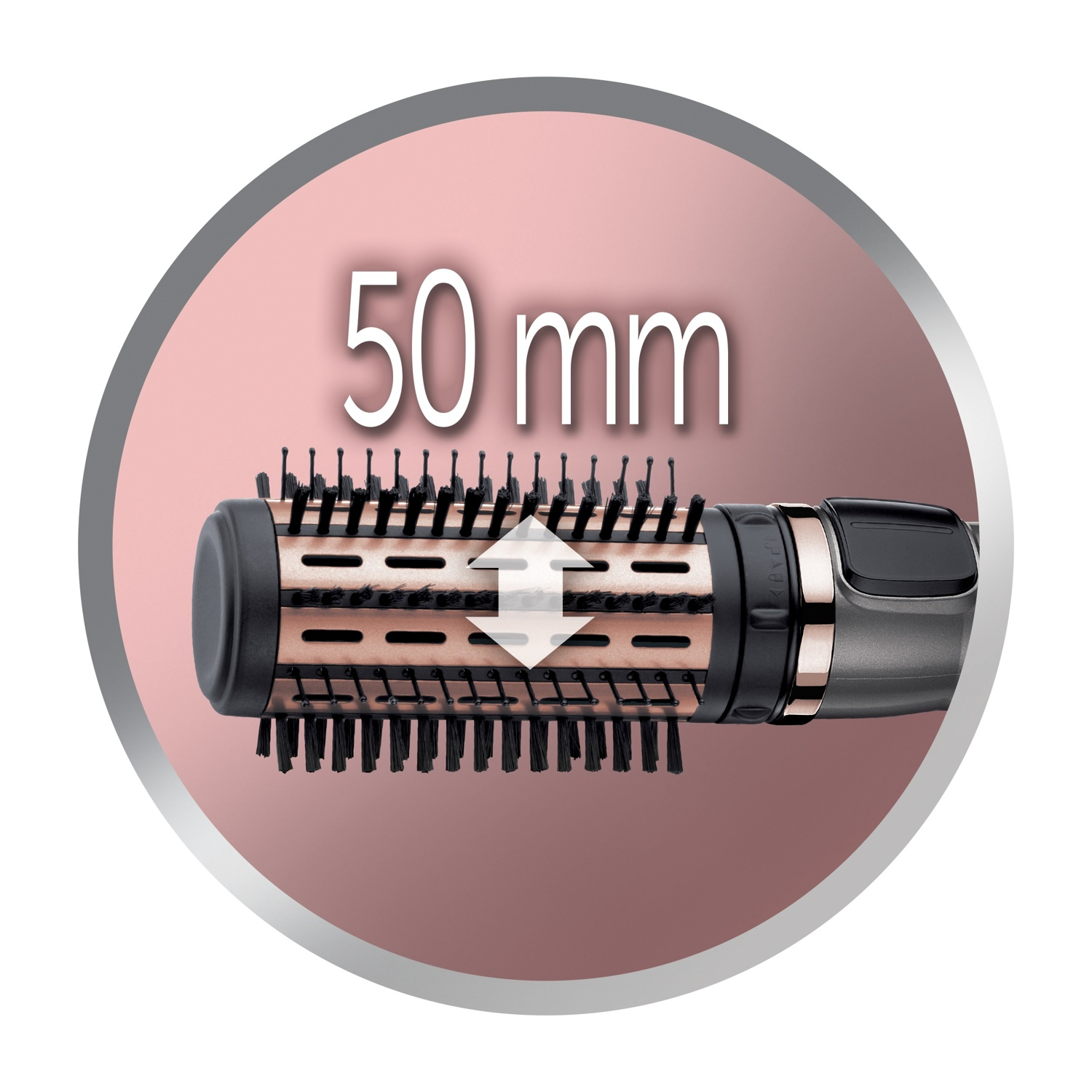 Spazzola rotante per capelli da 50 mm con setole nere e corpo ramato.